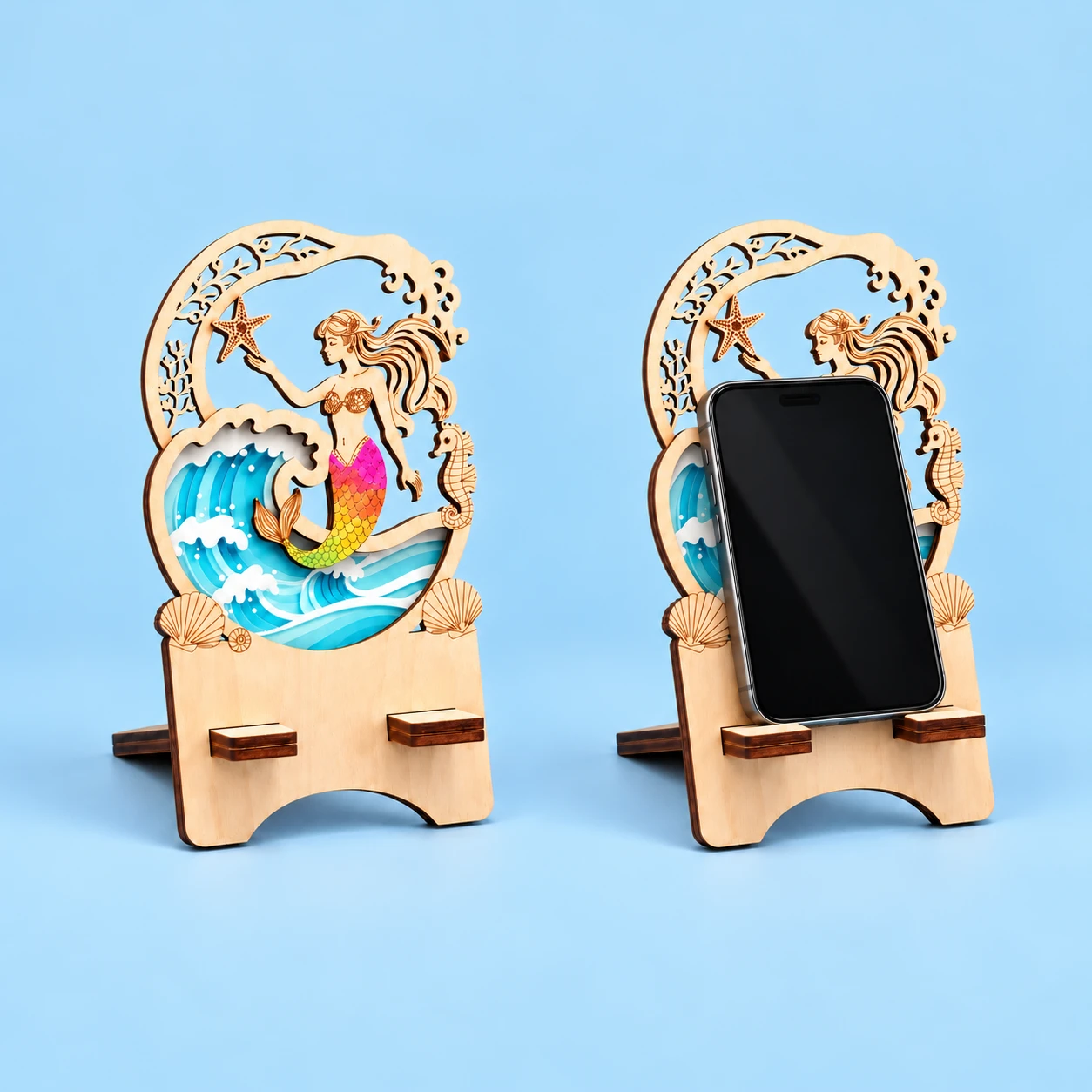 Wave mermaid wooden phone stand with flat support tabs and illustrative portrait phone use, square composition