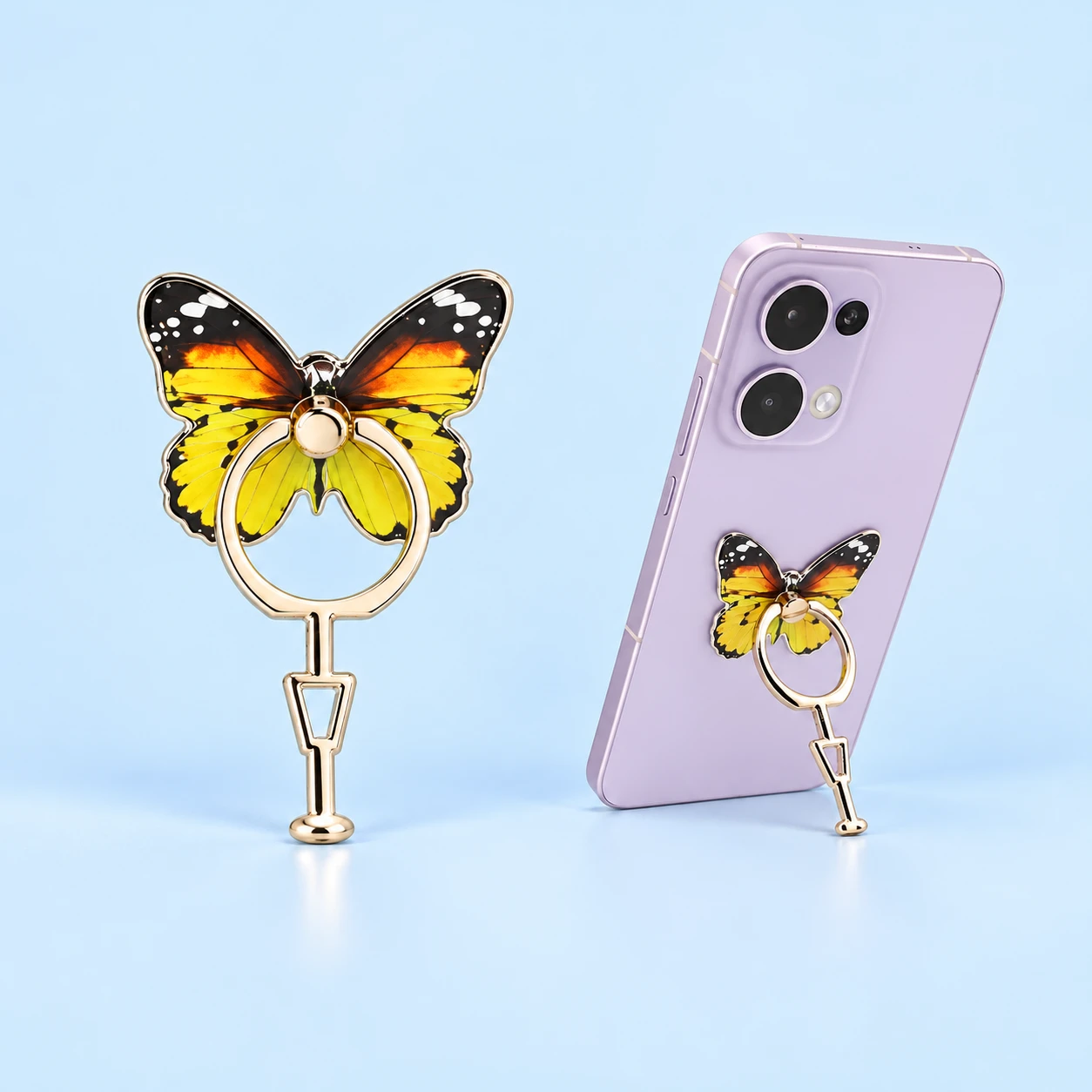Yellow butterfly folding phone ring stand with long support foot, isolated and supporting a portrait phone, square composition