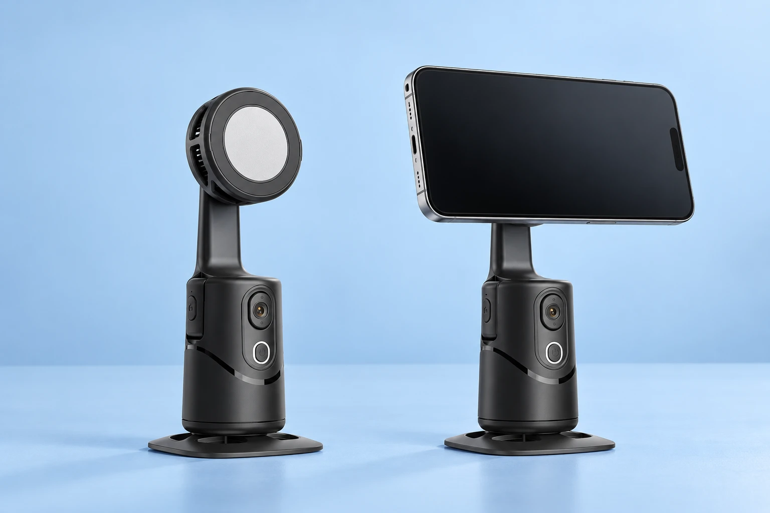 Complete black tabletop tracking holder with its original circular magnetic phone-contact head at left; the same offset-upright holder supports a stationary landscape demonstration phone at right on pale blue. Phone is not included.