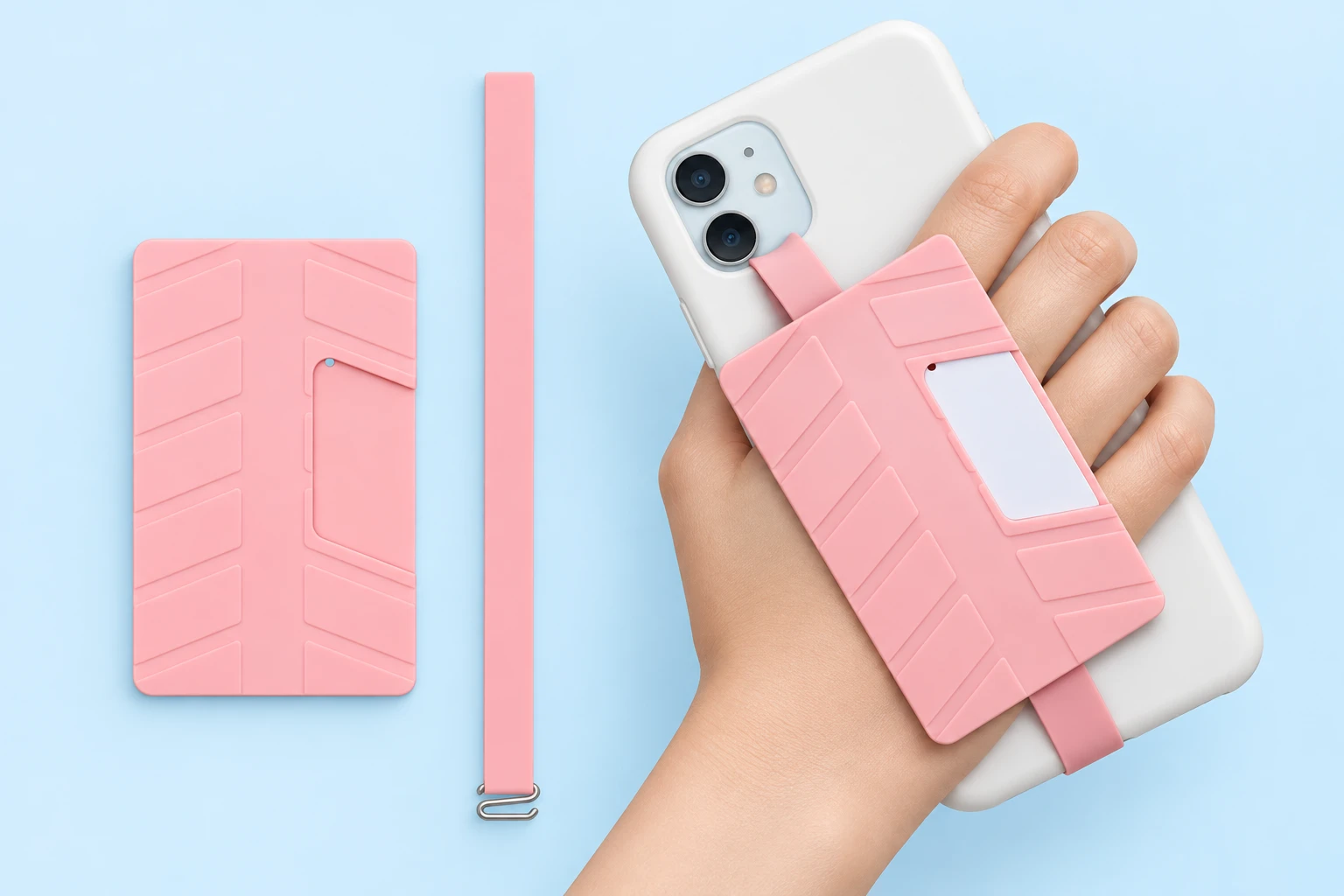 Pink silicone card-pocket phone hand strap set and illustrative hand-grip use
