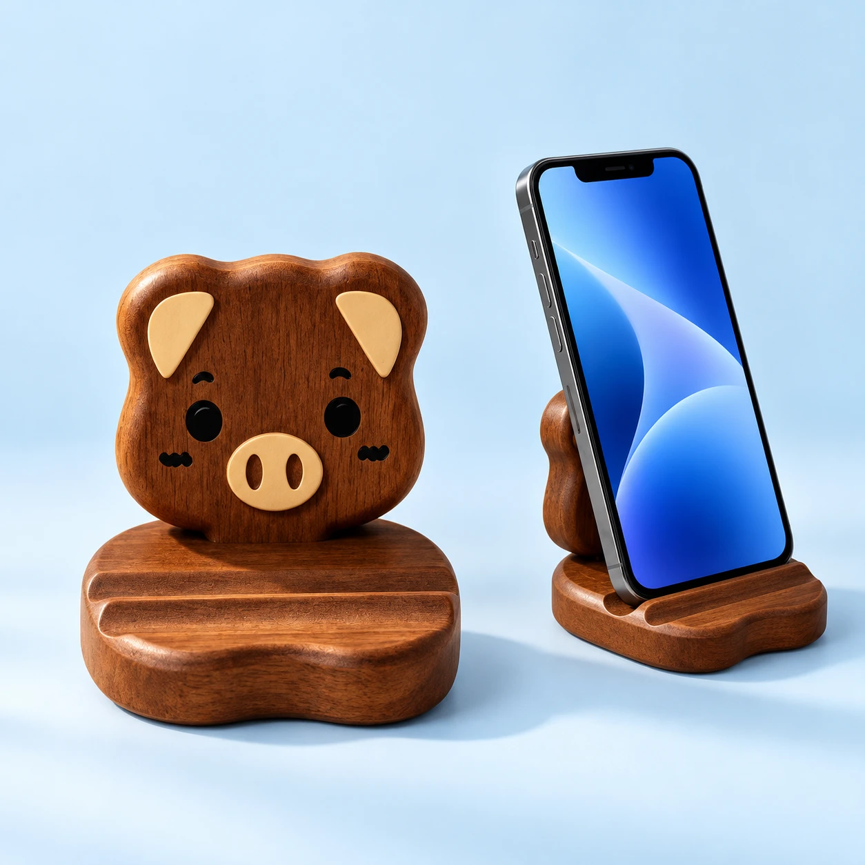 Wooden Pig Phone Stand on a pale-blue background, product left and actual phone use right