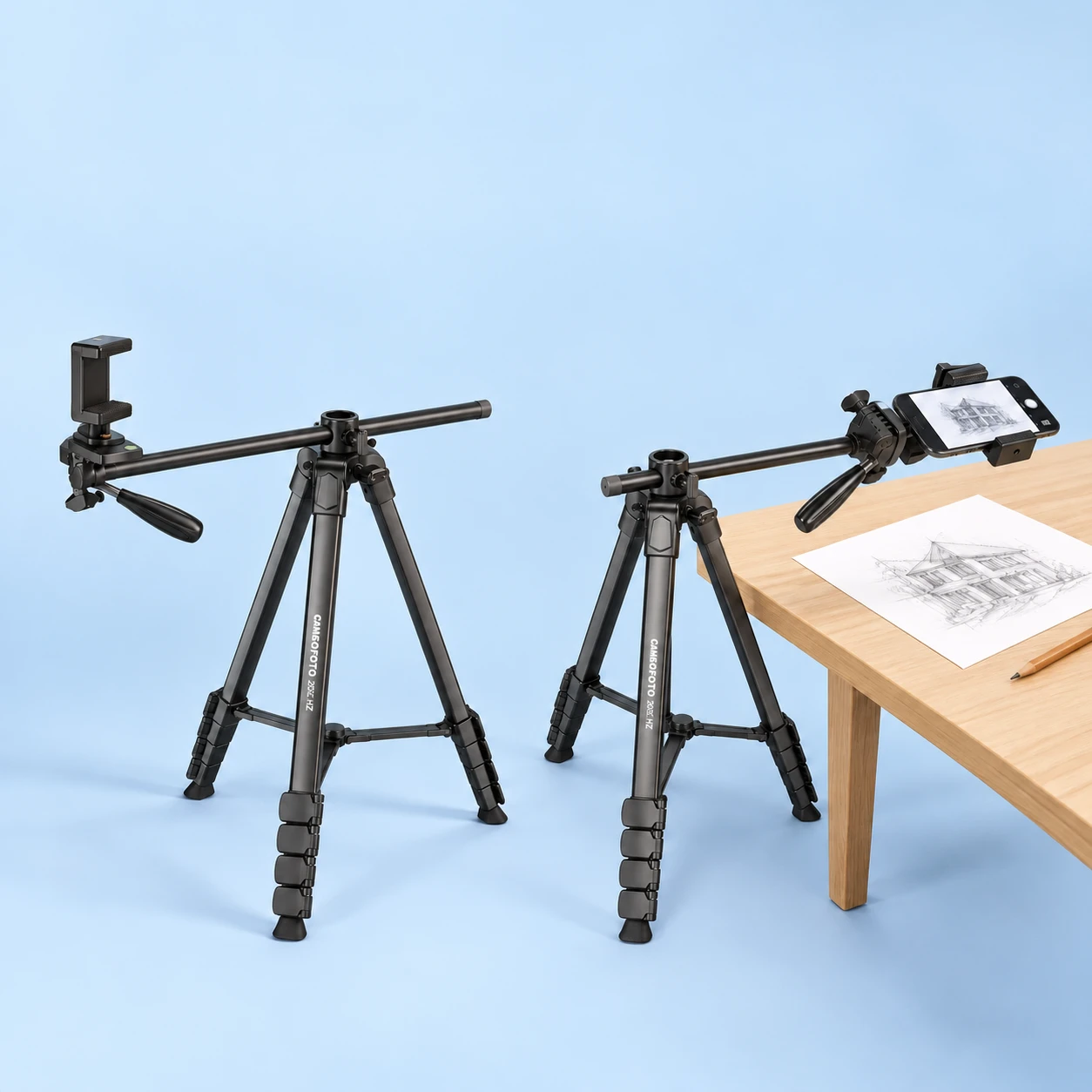 Black 205C HZ Horizontal-Column Phone Tripod; product and illustrative use on pale blue. Phone and scene props excluded., square composition