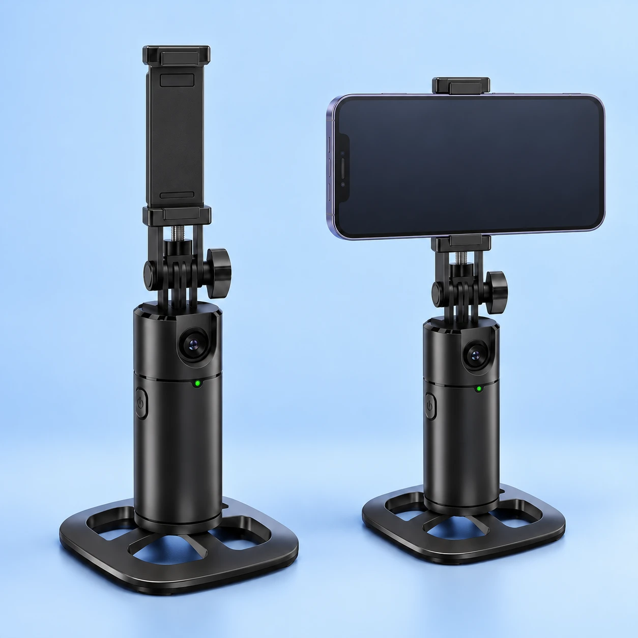 Complete black Q1 square-foot desktop phone stand with its empty original clamp on the left, and the same stand holding a stationary landscape demonstration phone on the right against pale blue.