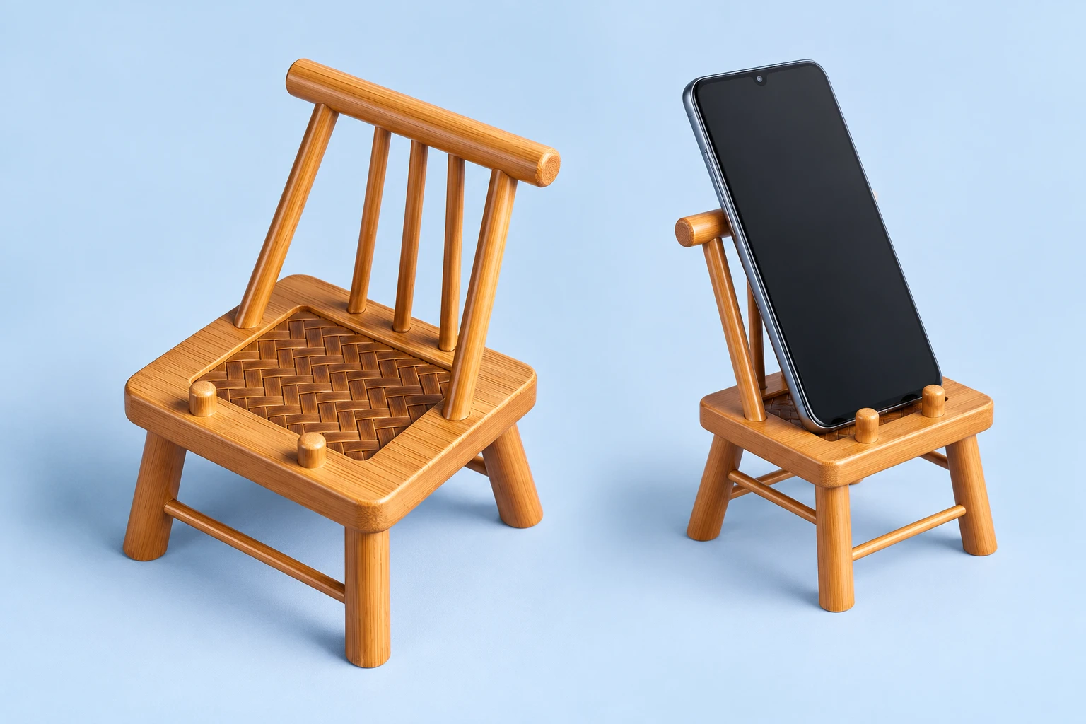 Mini woven-seat bamboo chair phone stand shown complete and holding a portrait phone