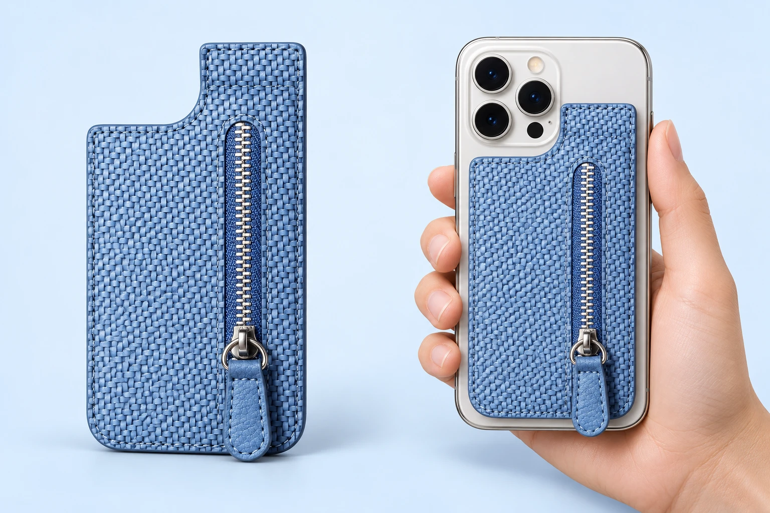 Blue Woven-Texture Notched Zip Phone Wallet