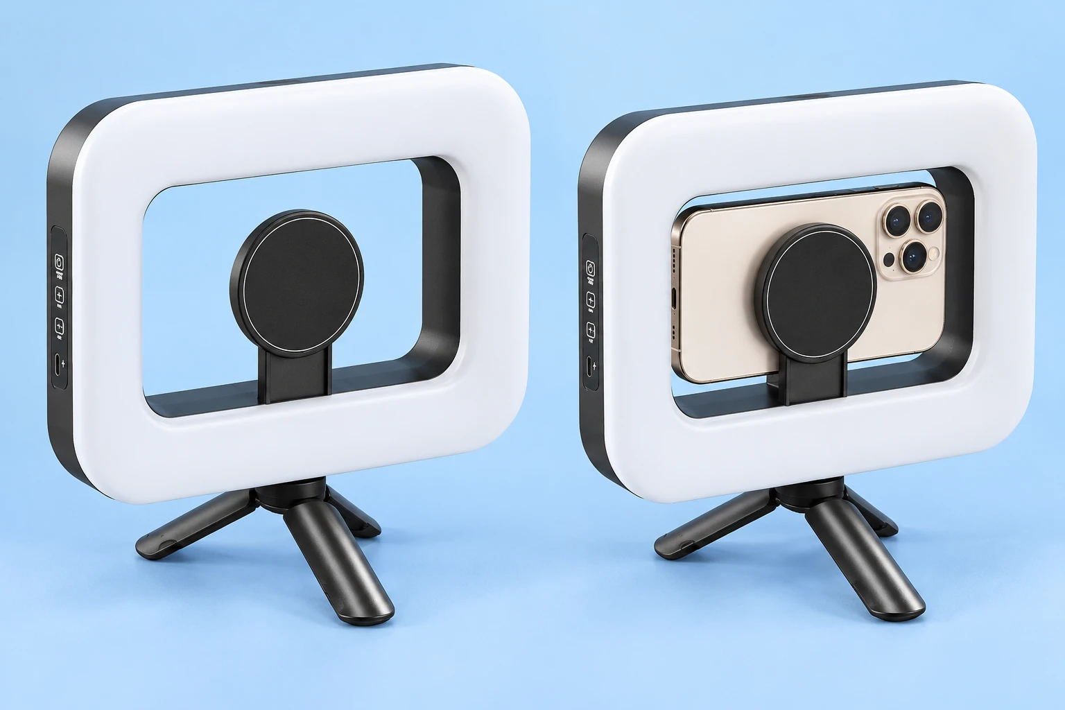 Complete black ZGRL01 rectangular frame-light kit with its original low folding mini tripod and empty central magnetic phone support at left; the identical kit supports a stationary landscape demonstration phone at right on pale blue. Both lamps off; phone not included.