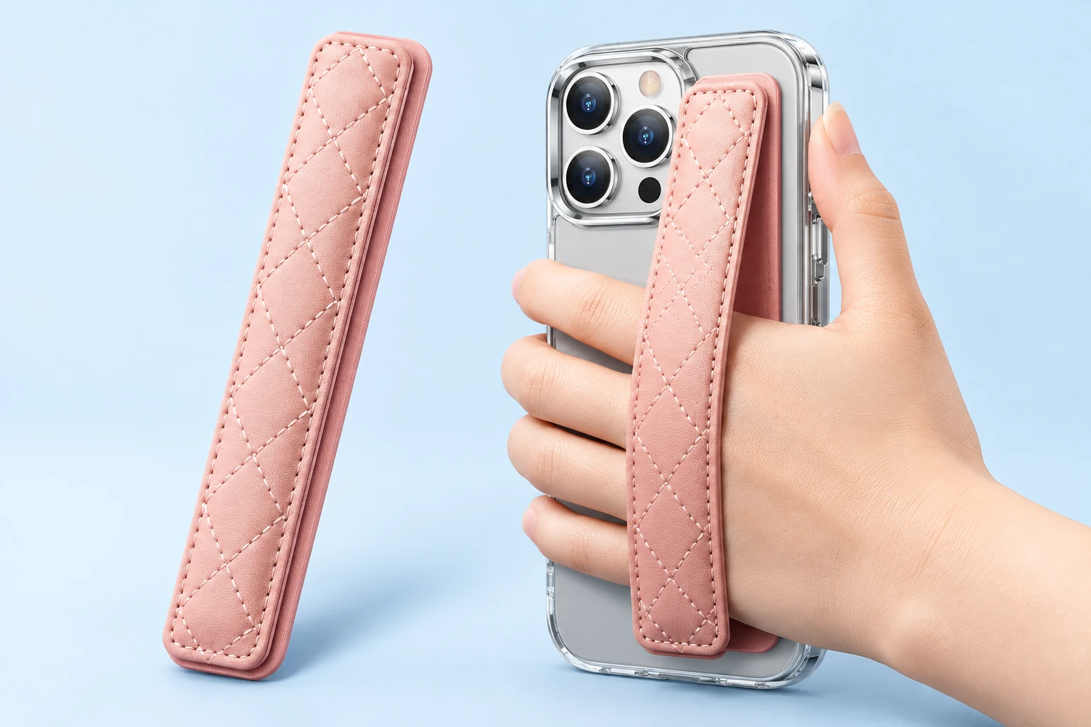 Pink diamond-stitched phone grip strap and illustrative hand-grip use