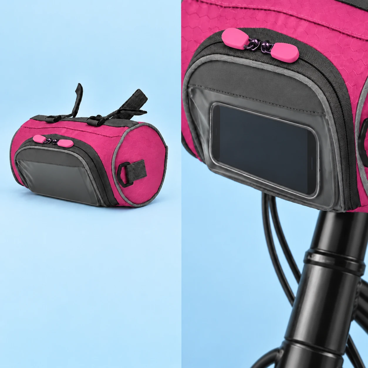 A complete magenta barrel-shaped bicycle phone-window bag on pale blue at left, and a close-up of the same front pocket containing a dark-screen demonstration phone beside a stationary bicycle at right. Phone and bicycle are not included., square composition