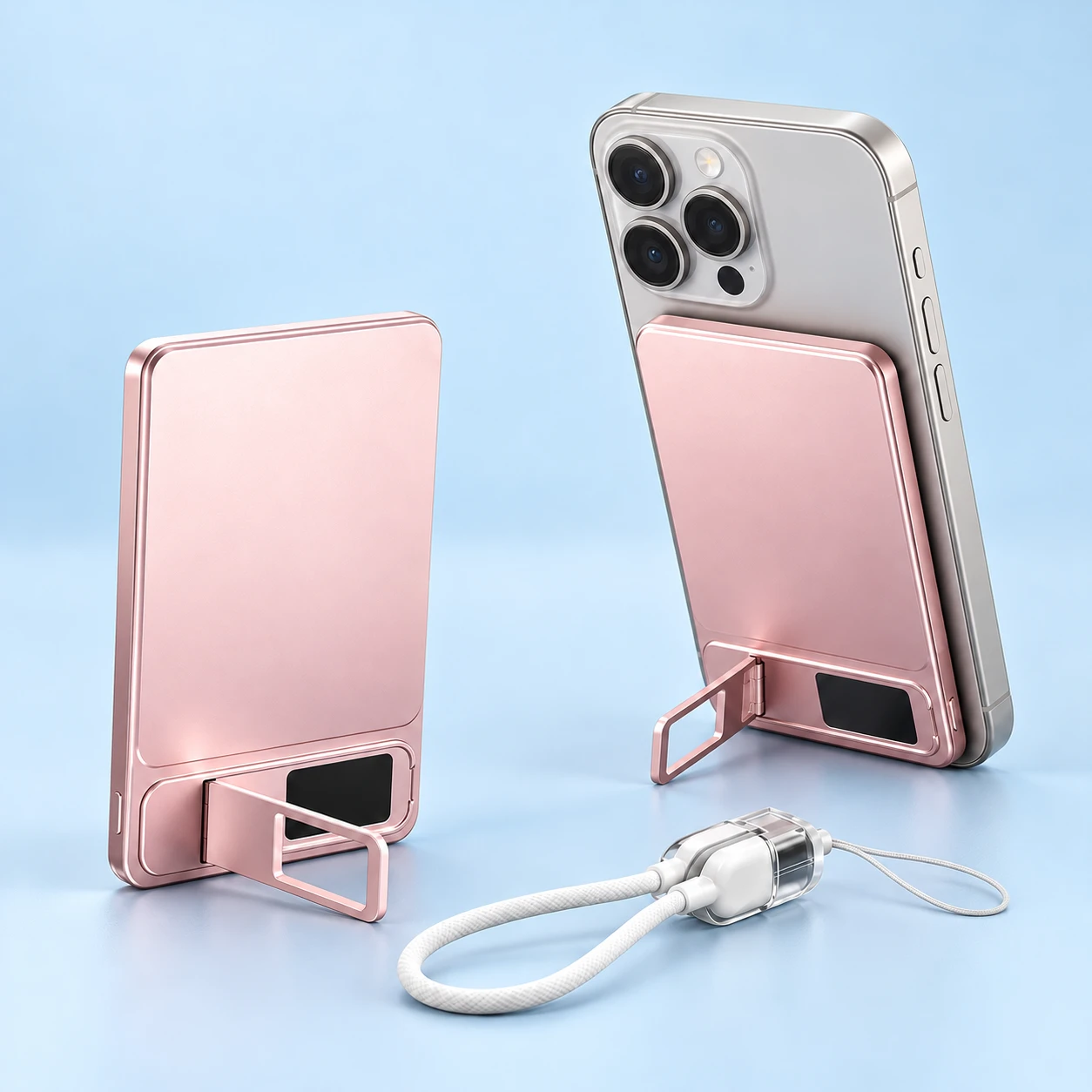 Pink magnetic power-bank phone stand with rectangular kickstand and supplied charging lanyard, isolated and in portrait support use