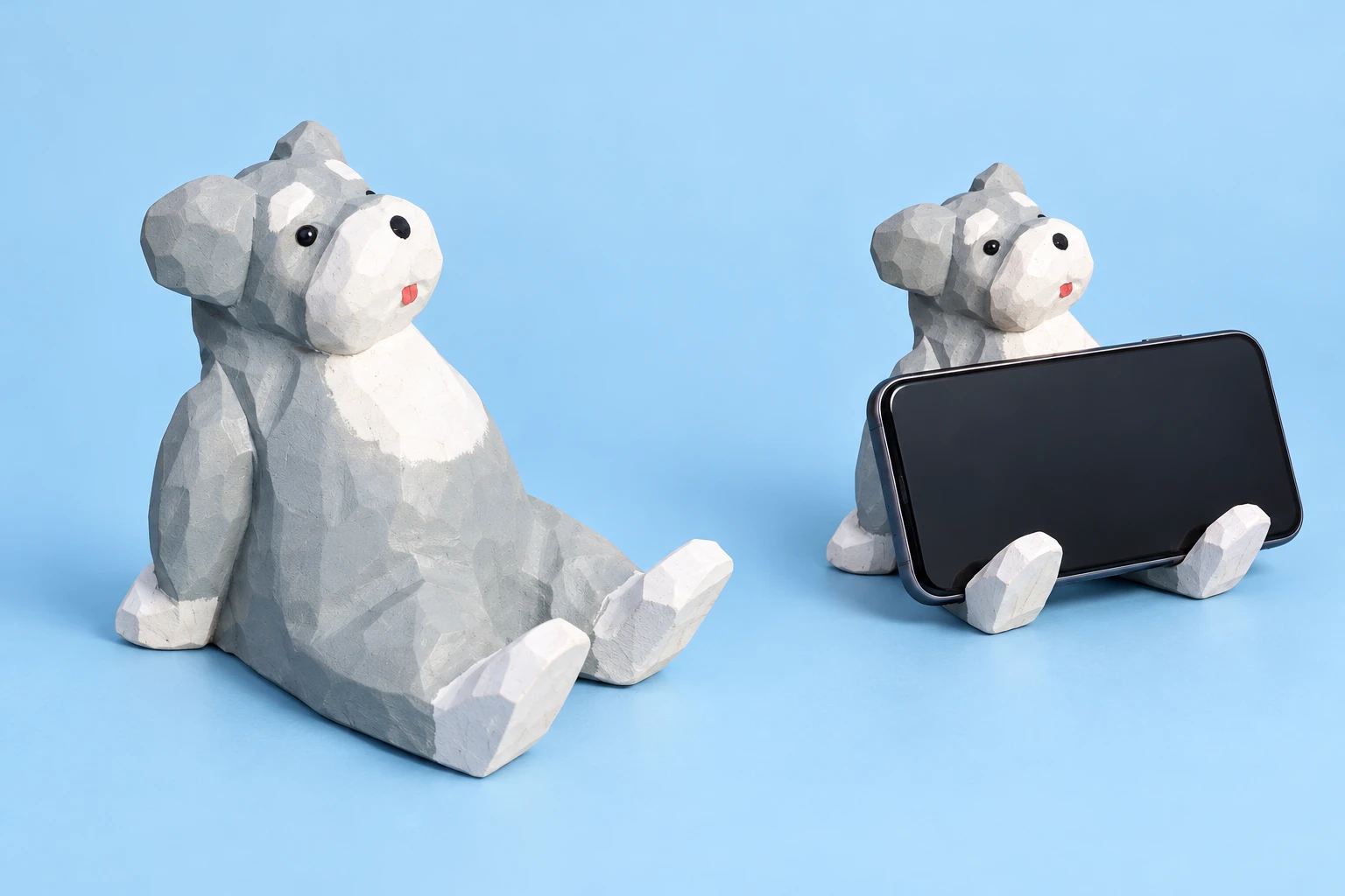 Gray Wooden Puppy Phone Stand