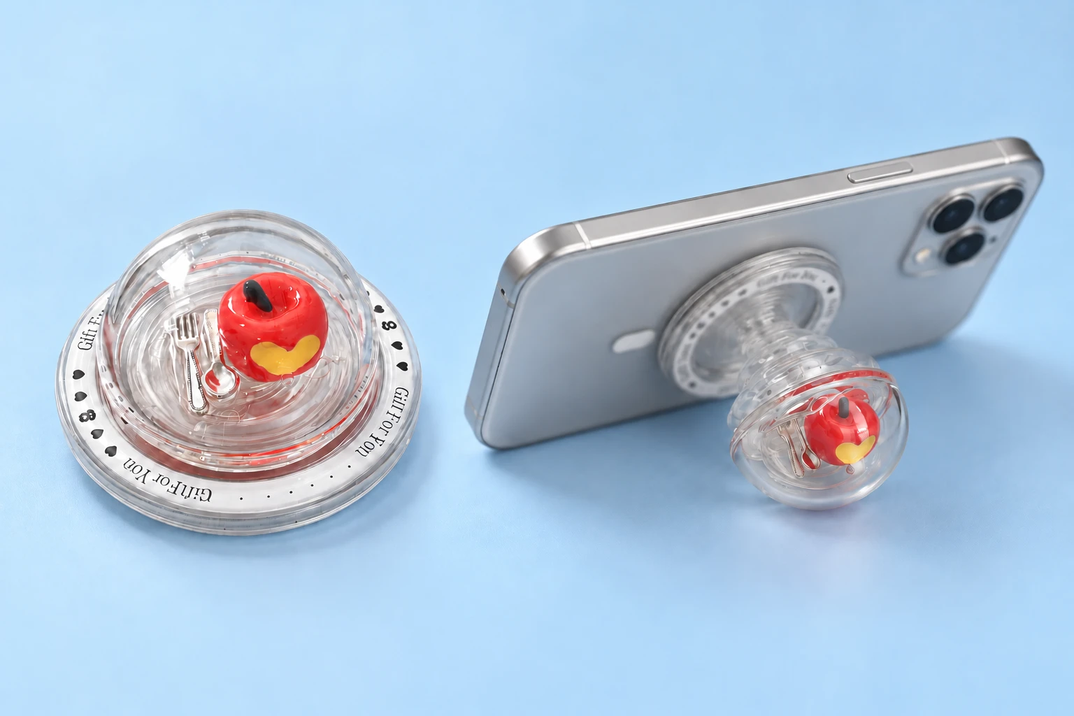 Clear apple-dome magnetic expandable phone grip and source-matched landscape phone support