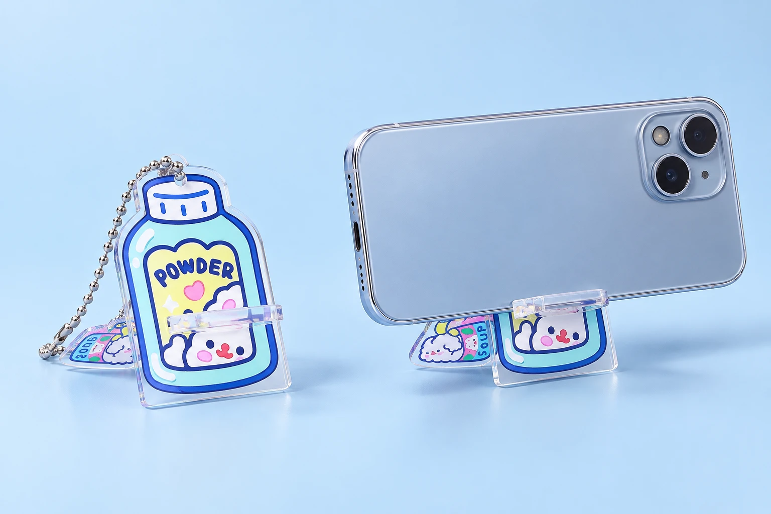 Pastel bunny bottle two-piece acrylic phone stand and landscape phone illustration
