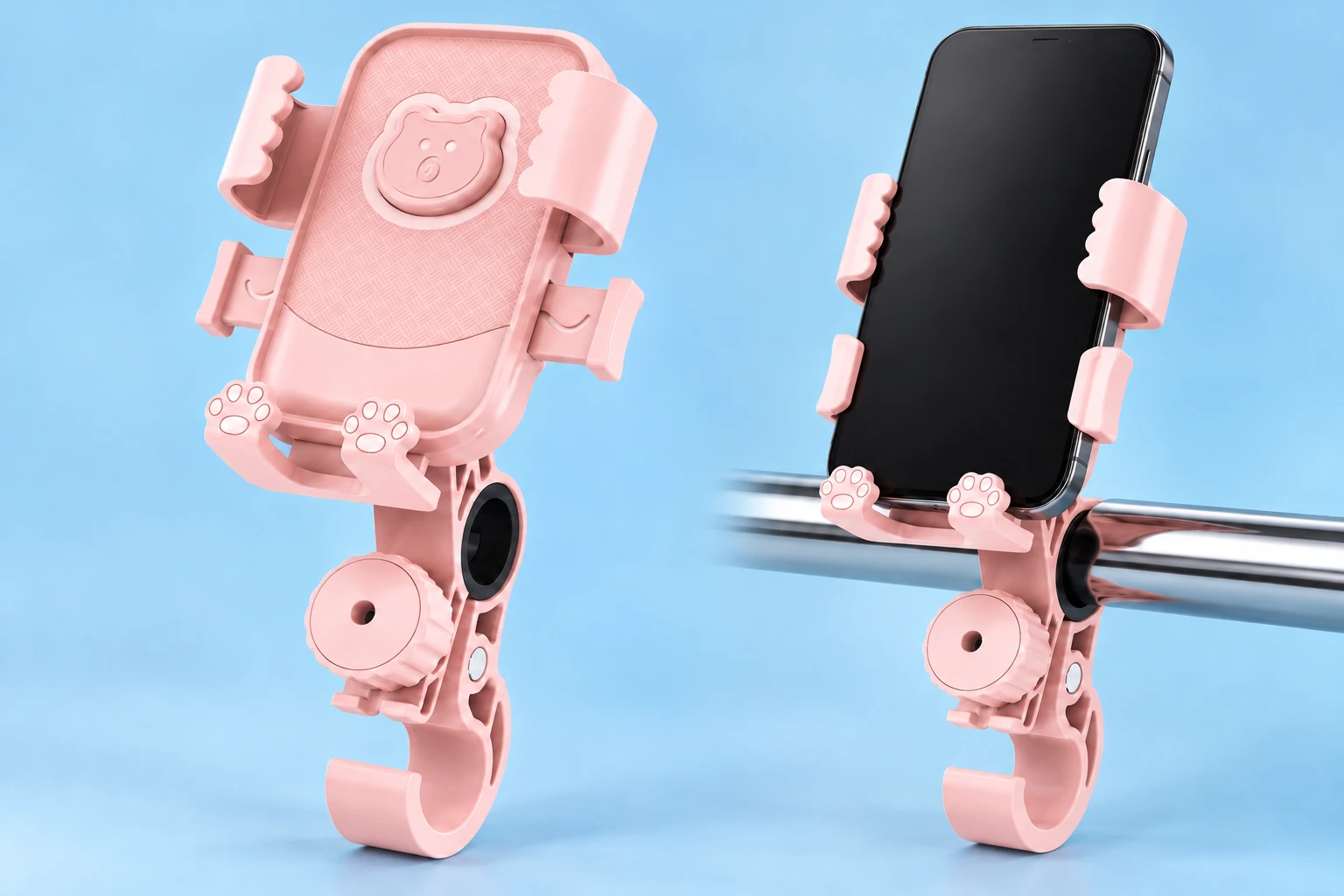 Pink bear handlebar phone holder with hook shown complete and mounted on a stationary handlebar