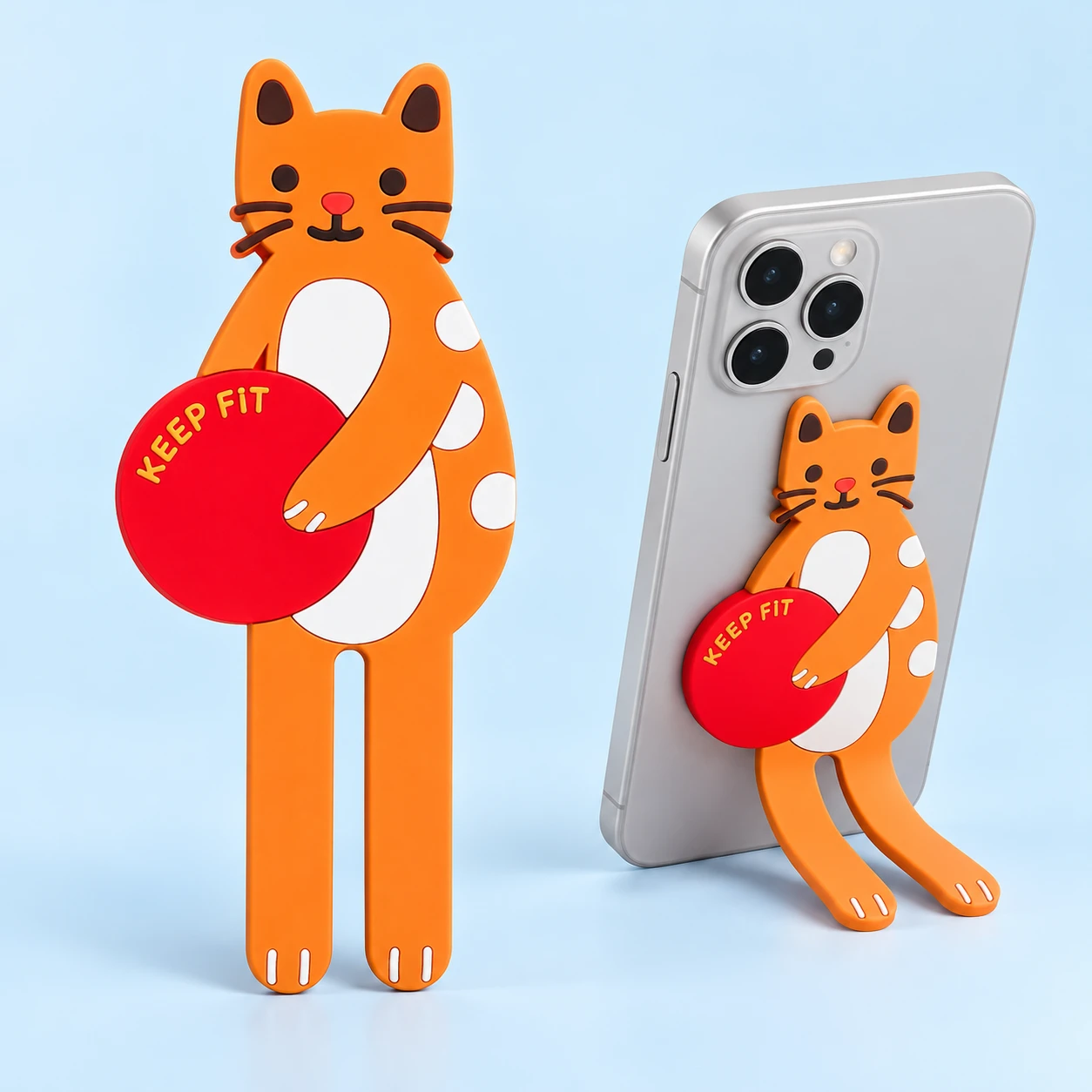 Orange Basketball Cat Bendable Phone Kickstand, complete product left and phone-use illustration right on pale blue; phone not included