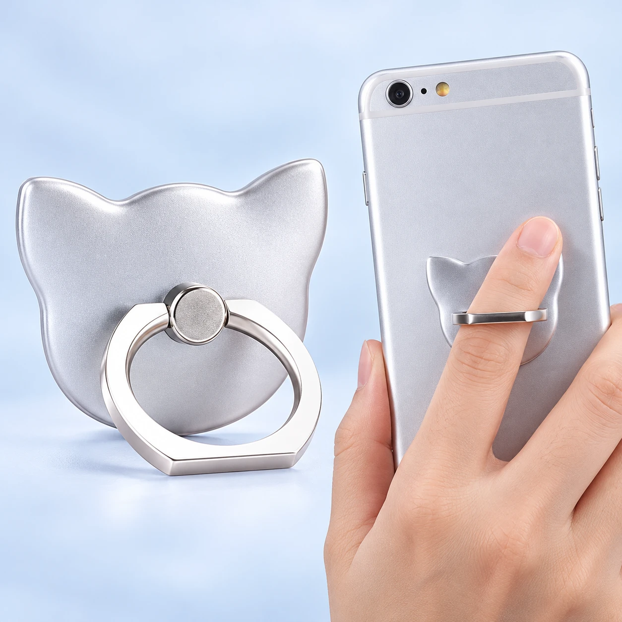 Silver-Tone Cat-Head Phone Ring Holder