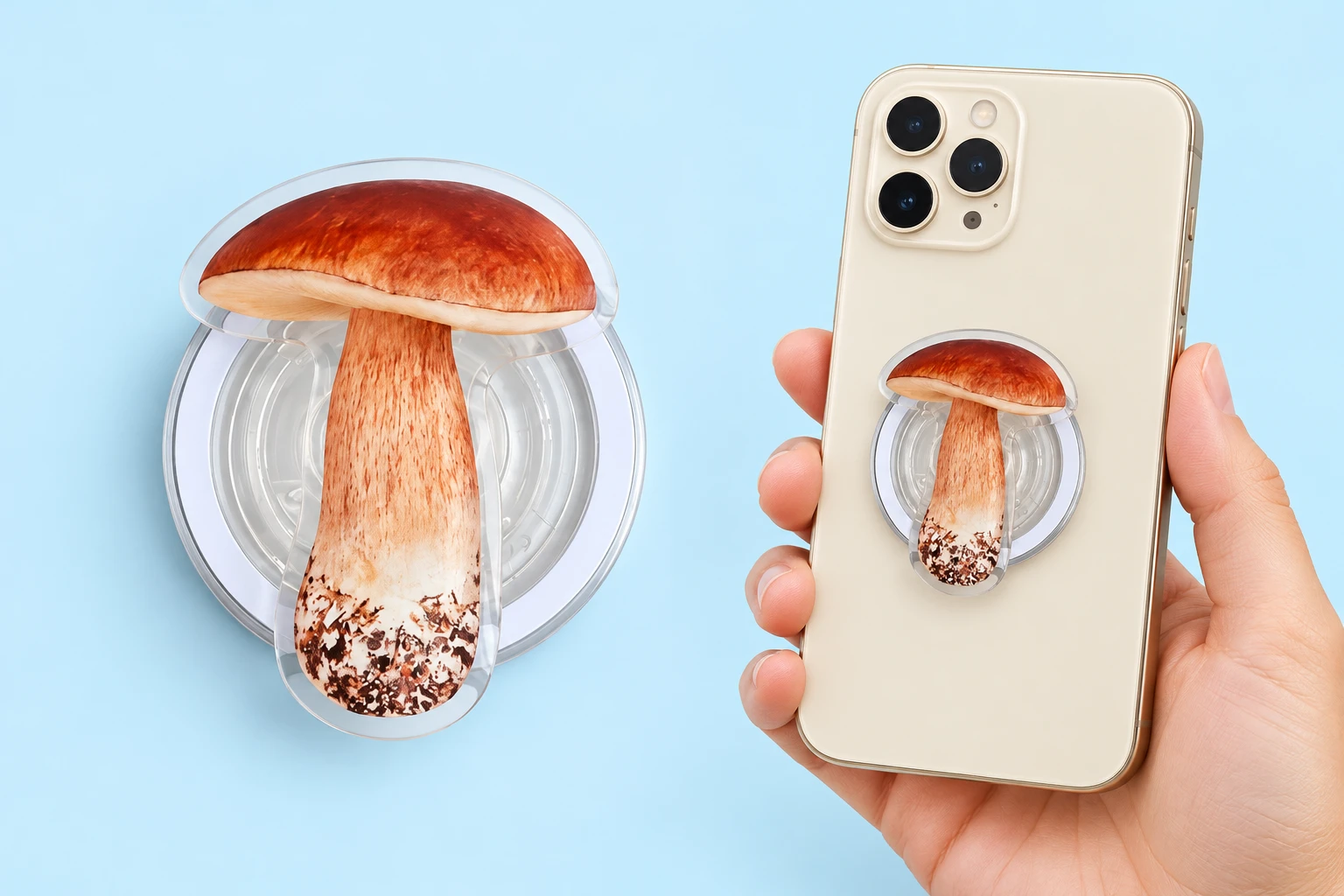 mushroom die-cut magnetic expandable phone grip and illustrative flat phone mounting