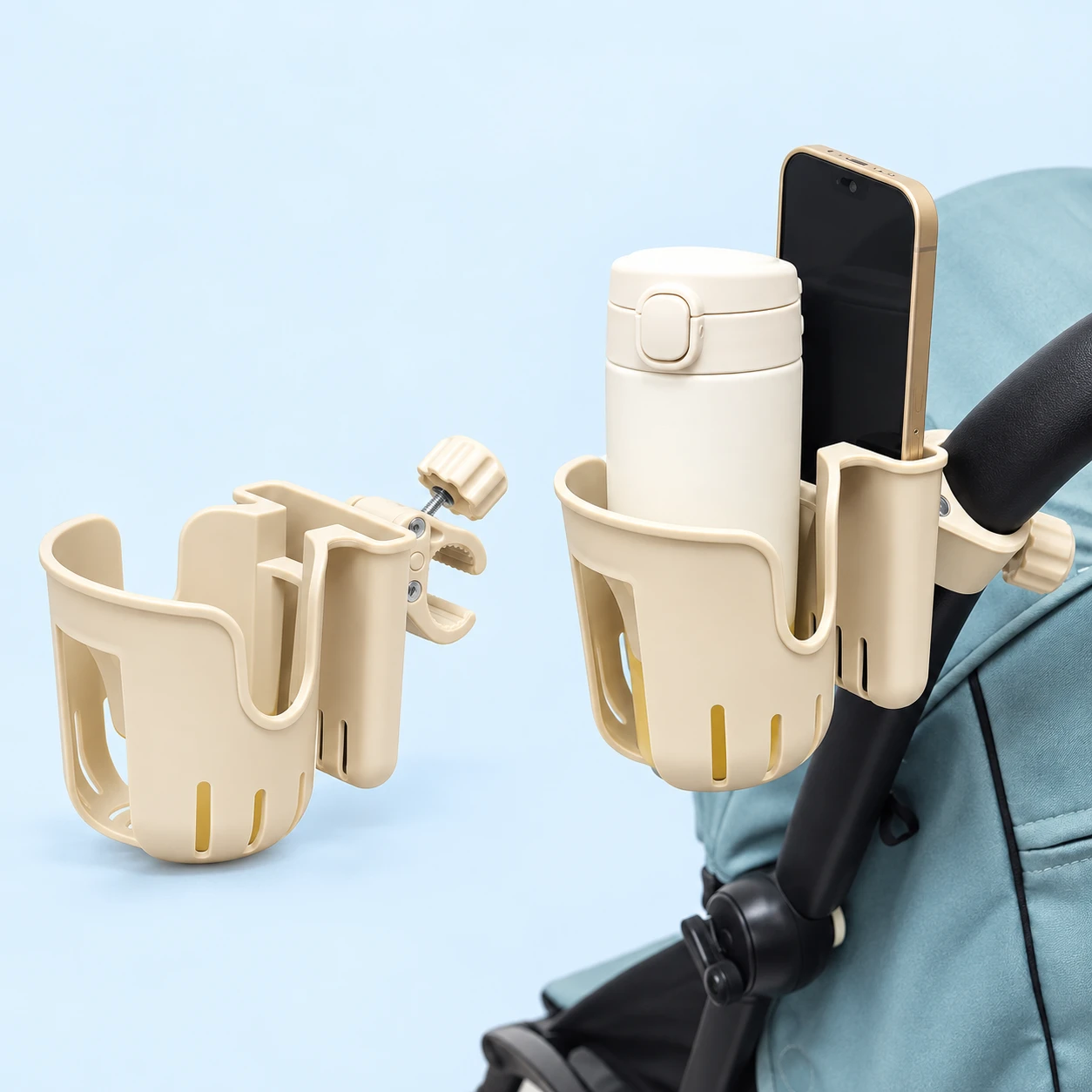Champagne cup and phone holder with rail clamp, complete product and mounted use with phone and bottle props