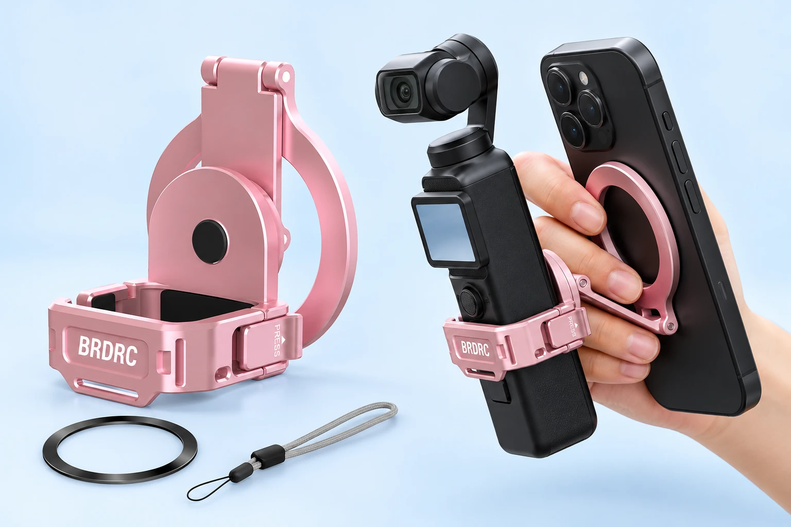 Rose-pink hinged magnetic phone holder kit with padded Pocket camera clamp and supplier-matched mounted use