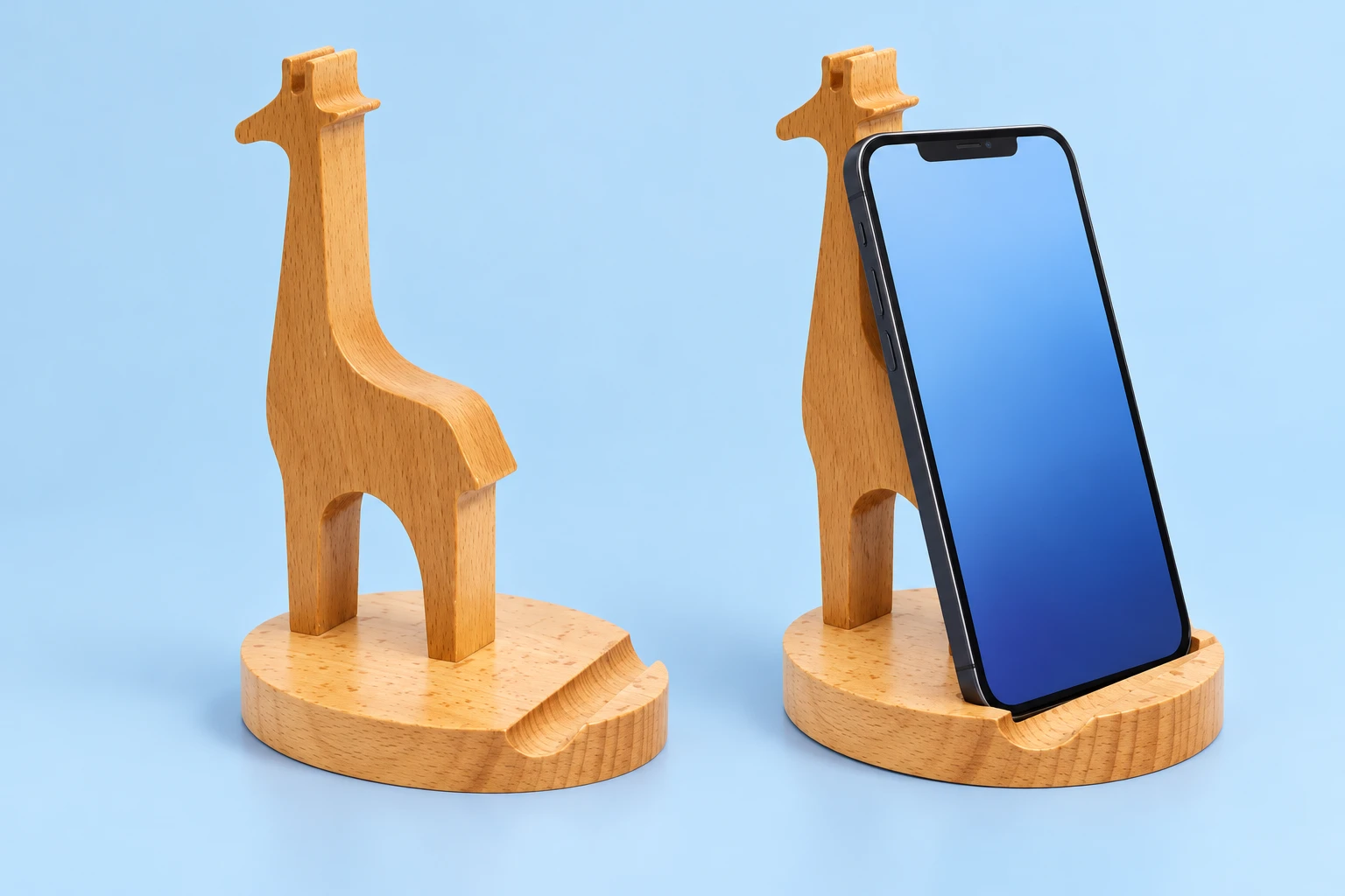 Wooden giraffe phone stand shown complete and supporting a portrait phone in its base groove