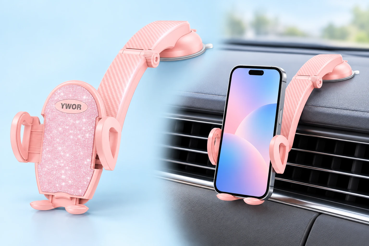Pink heart-jaw phone holder with original long hinged arm and suction base, shown complete and holding a portrait phone on a stationary dashboard