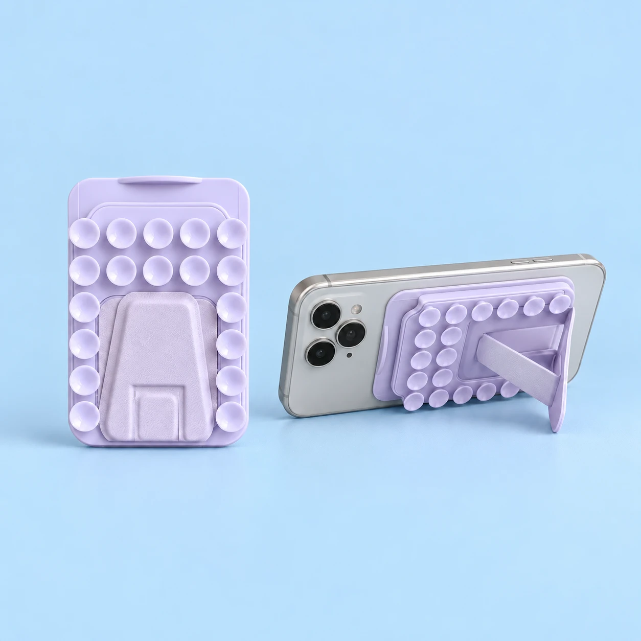 Lilac suction-cup card pocket with central braced fold-out phone stand, square composition