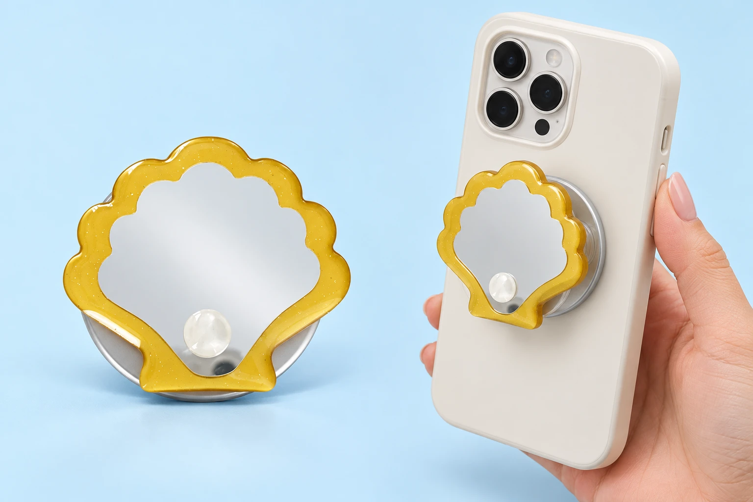 Yellow Pearl-Detail Shell Mirror Expandable Phone Grip