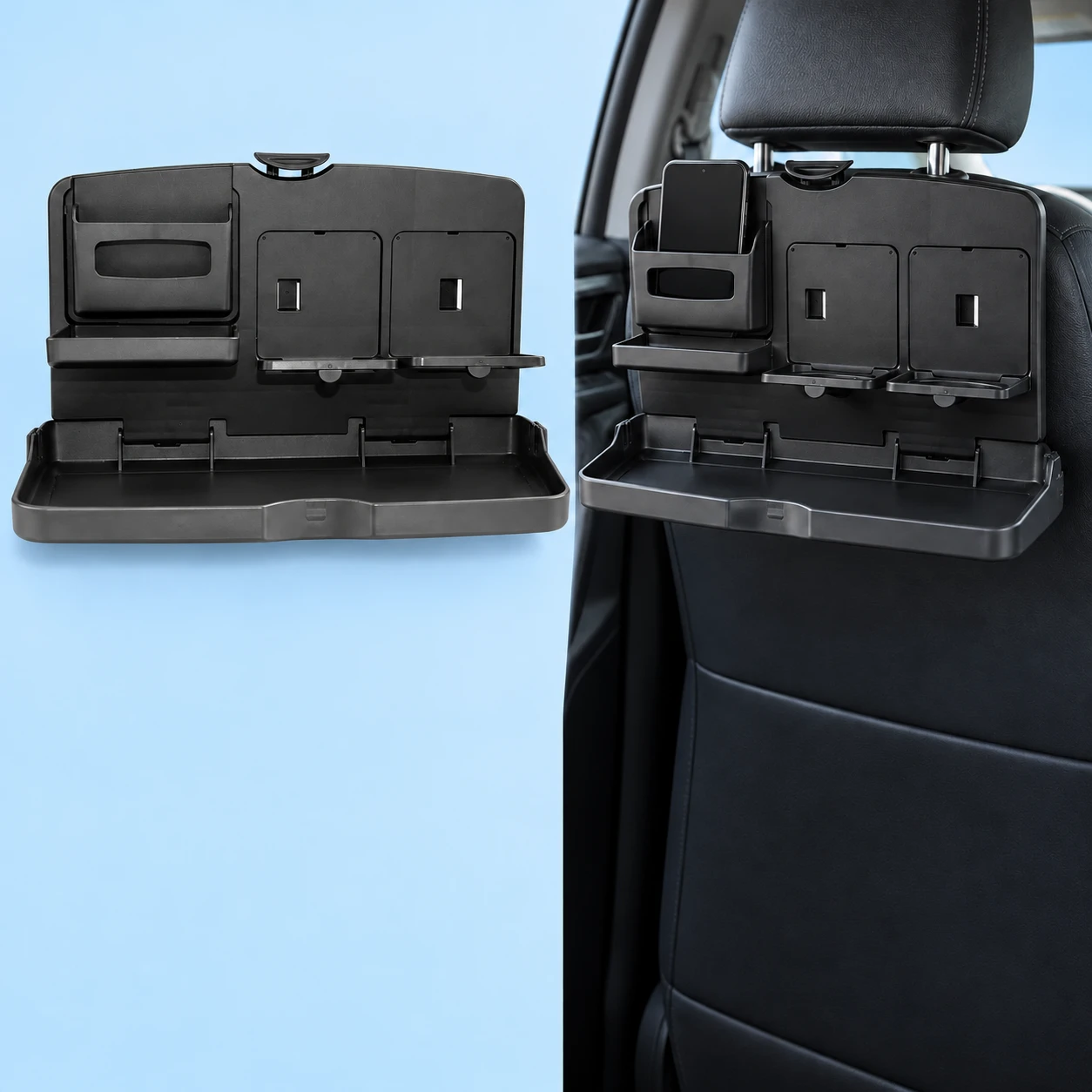 Black Rigid Seatback Phone-Pocket Folding Cup Tray; product and illustrative use on pale blue. Phone and scene props excluded., square composition