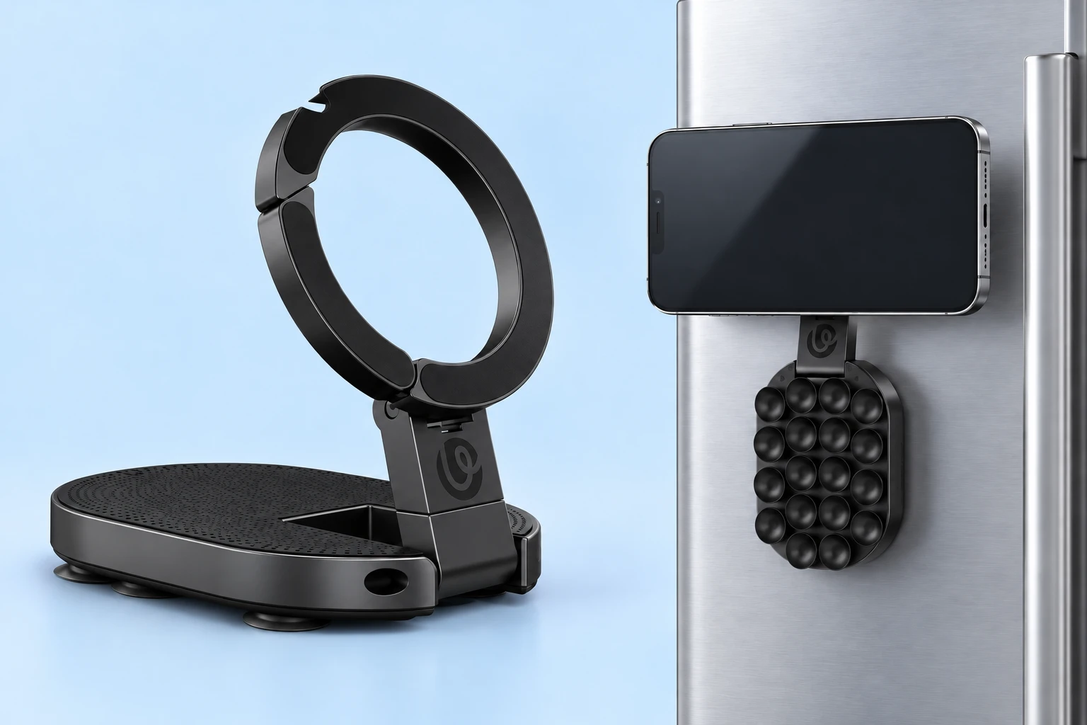 Black articulated magnetic suction phone mount with source-matched stationary iron-surface phone use; phone and refrigerator are demonstration props