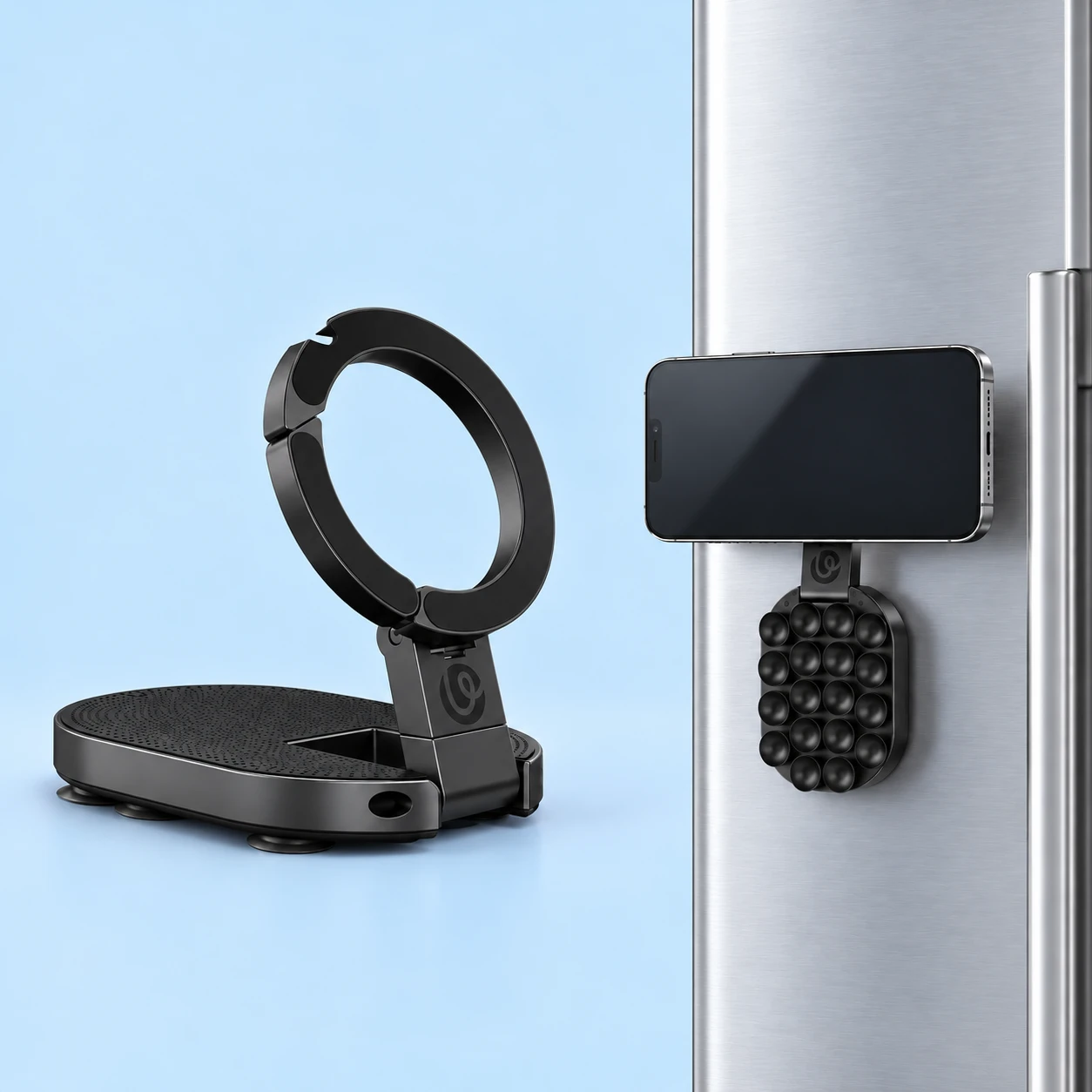 Black articulated magnetic suction phone mount with source-matched stationary iron-surface phone use; phone and refrigerator are demonstration props, square composition