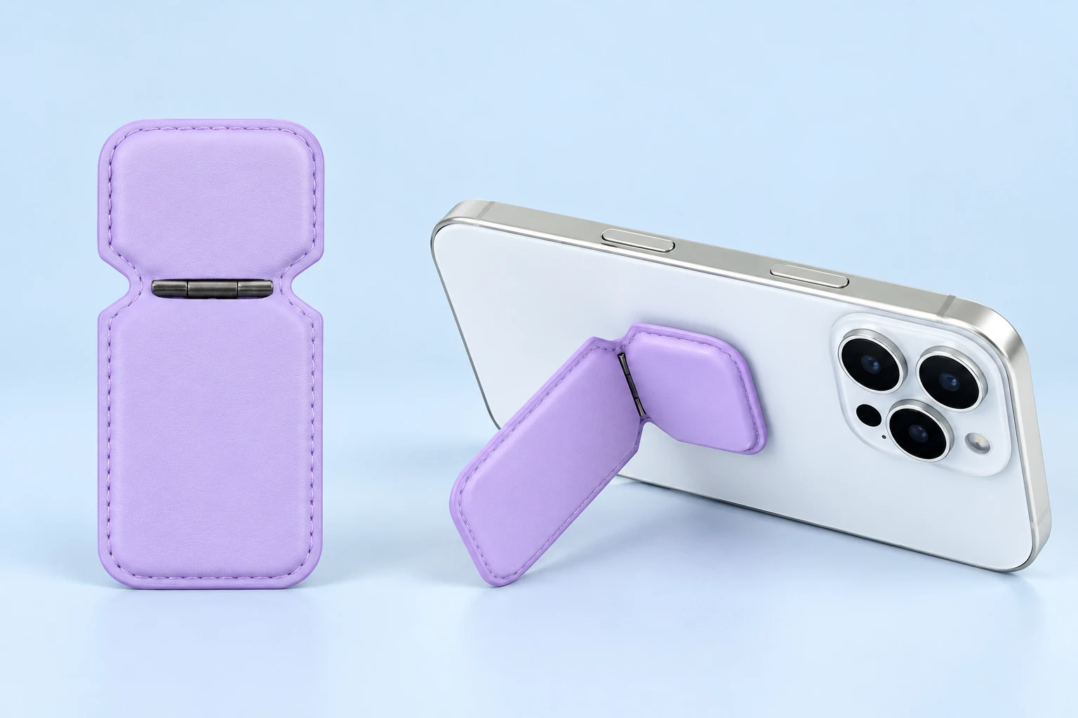 Lilac PU hinged phone kickstand, complete product and illustrative landscape phone support