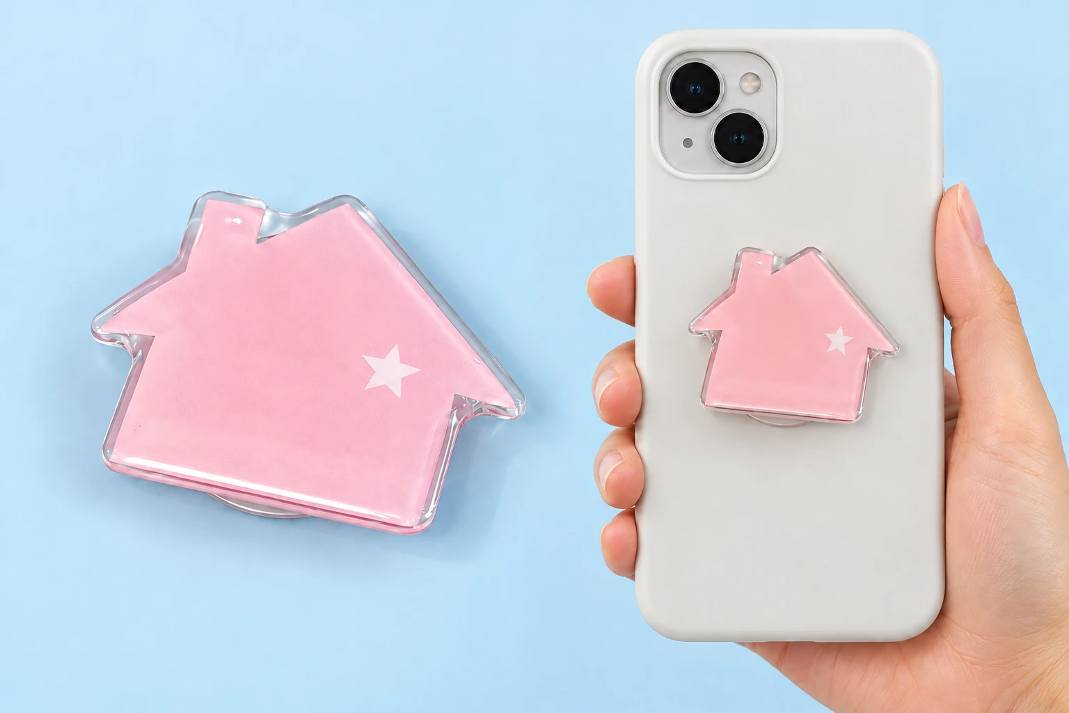 Pastel pink house-shaped phone grip with clear border and white star shown complete and in a closed phone-case placement illustration