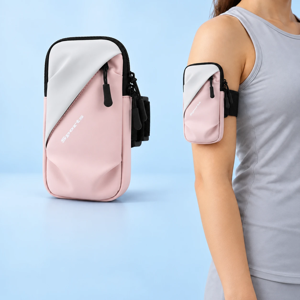 Pink and White Diagonal-Pocket Phone Arm Pouch