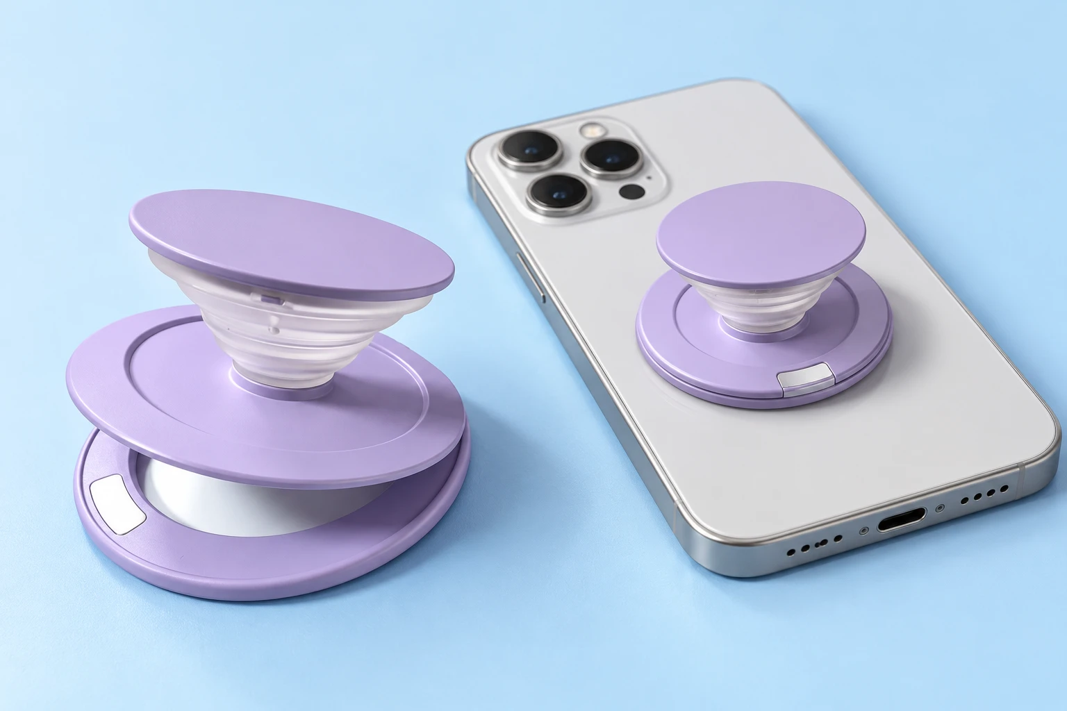 Lilac expandable phone grip with hinged mirror plate and open-ring magnetic base, shown alone and mounted on a phone