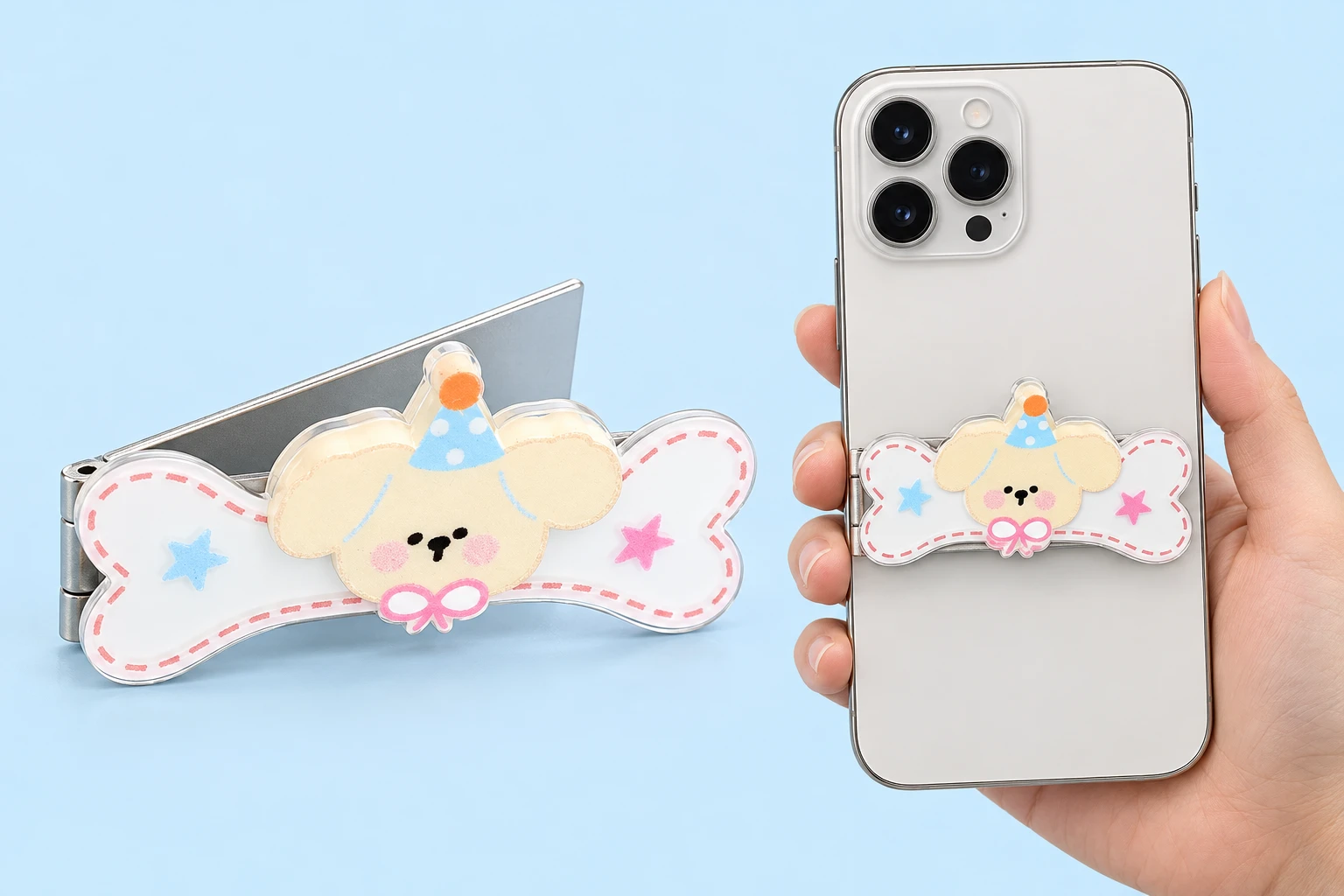 Party-puppy bone folding phone kickstand shown complete and mounted on a phone