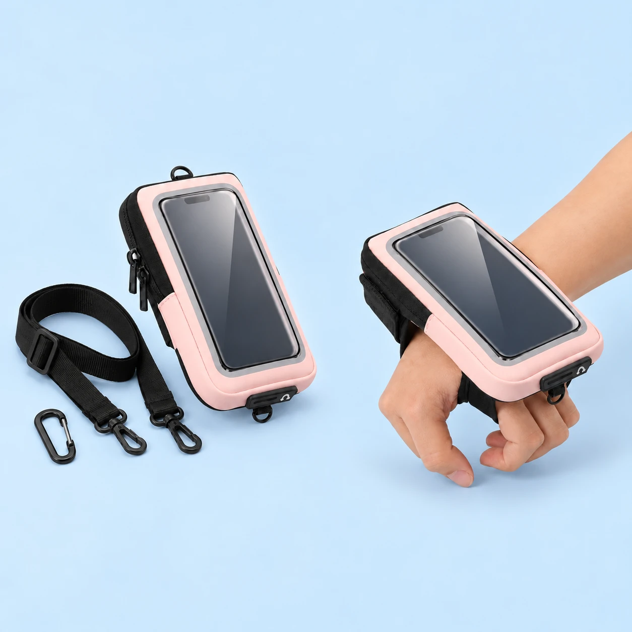 Pink Clear-Window Hand-and-Wrist Phone Pouch Set; product and illustrative use on pale blue. Phone and scene props excluded., square composition