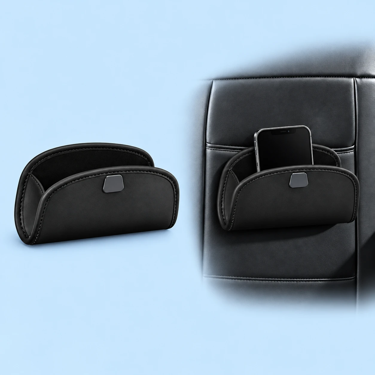 Black R1 Twin-Clip Phone Storage Pocket; product and illustrative use on pale blue. Phone and scene props excluded., square composition