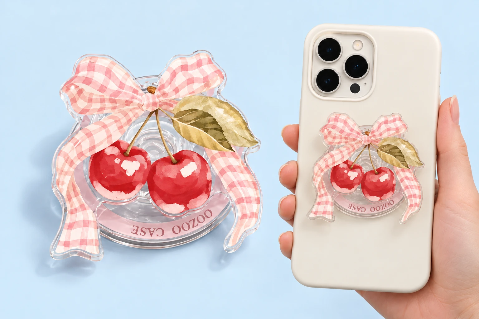 Pink gingham bow and cherry magnetic phone grip shown complete and flat-mounted on a phone