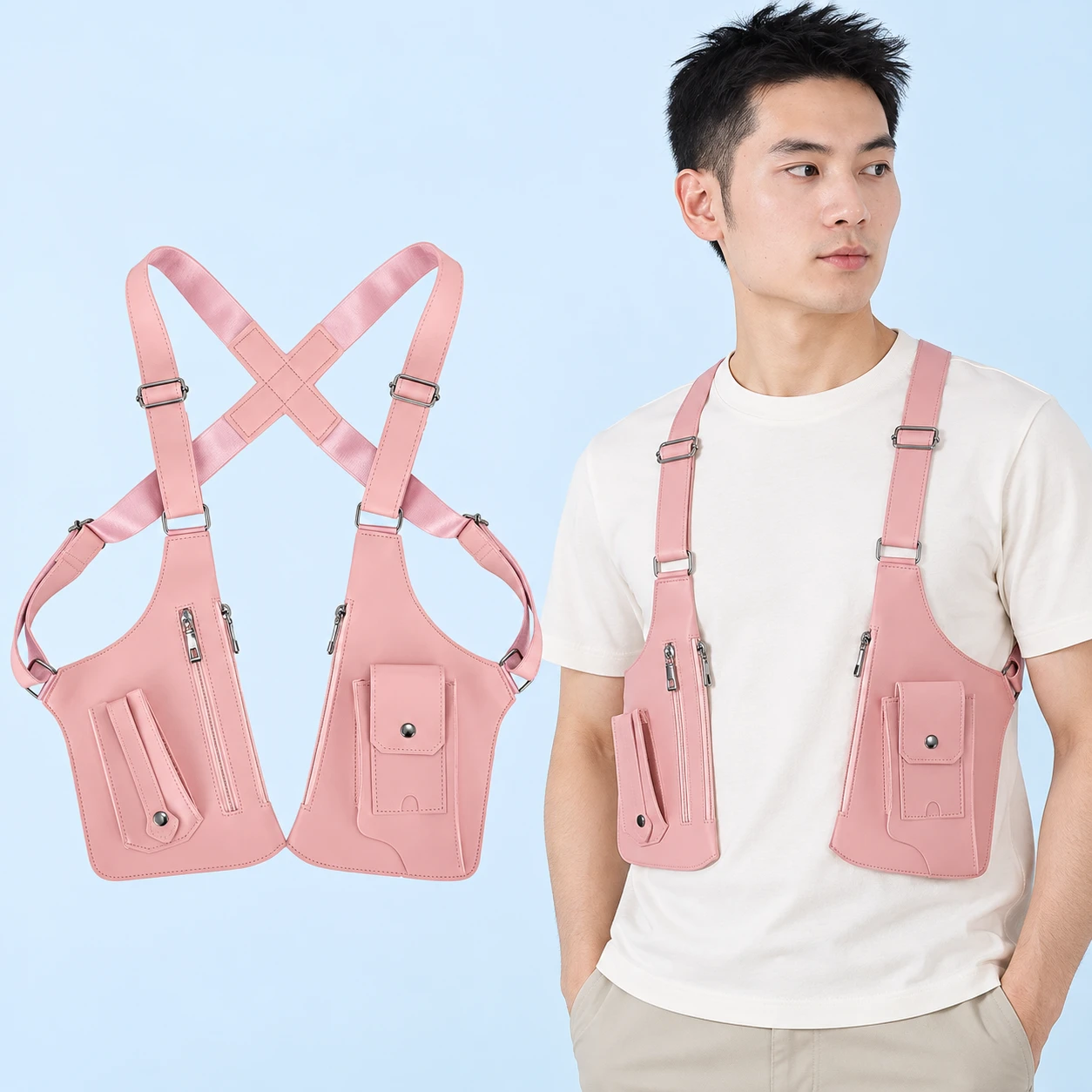 Pink Crossed-Strap Twin-Pouch Phone Harness