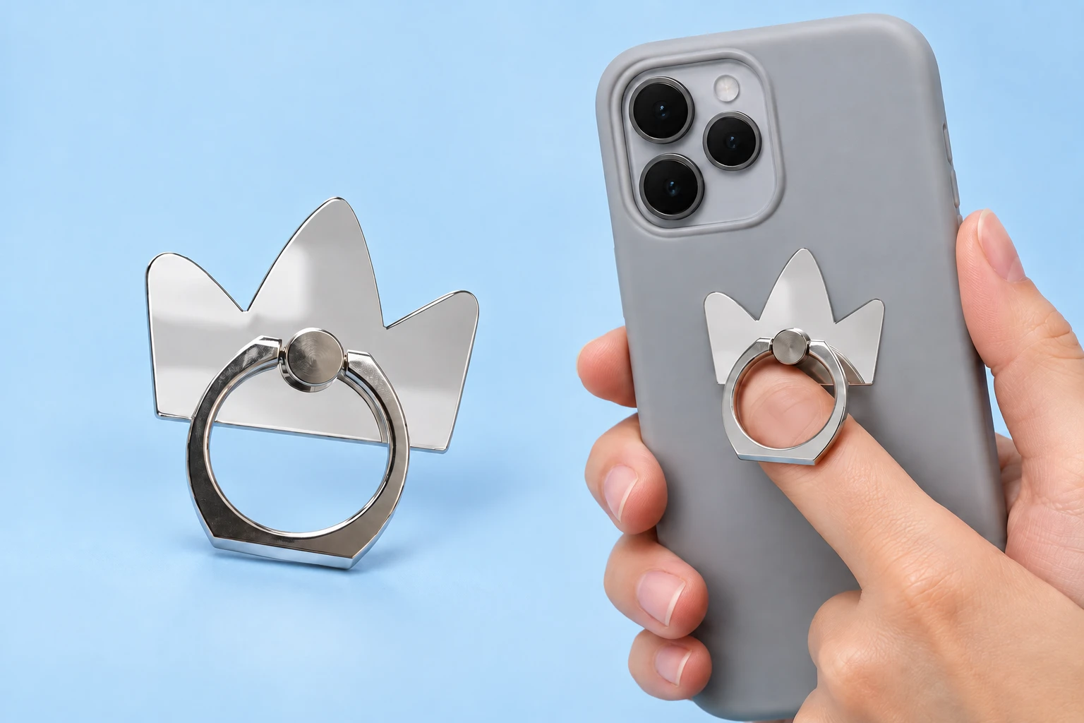 Mirrored three-point crown phone ring holder and illustrative finger-loop use