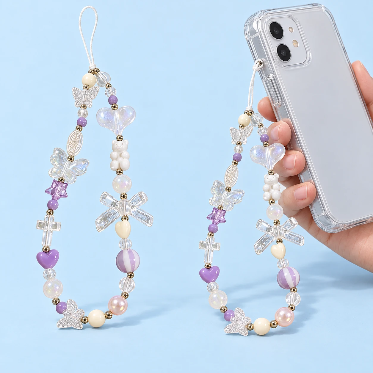 Lilac Bear and Butterfly Mixed-Bead Phone Loop