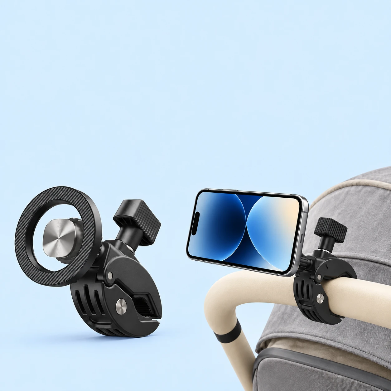 Black C44-1 W22-1 Magnetic Crab-Clamp Phone Holder; product and illustrative use on pale blue. Phone and scene props excluded., square composition
