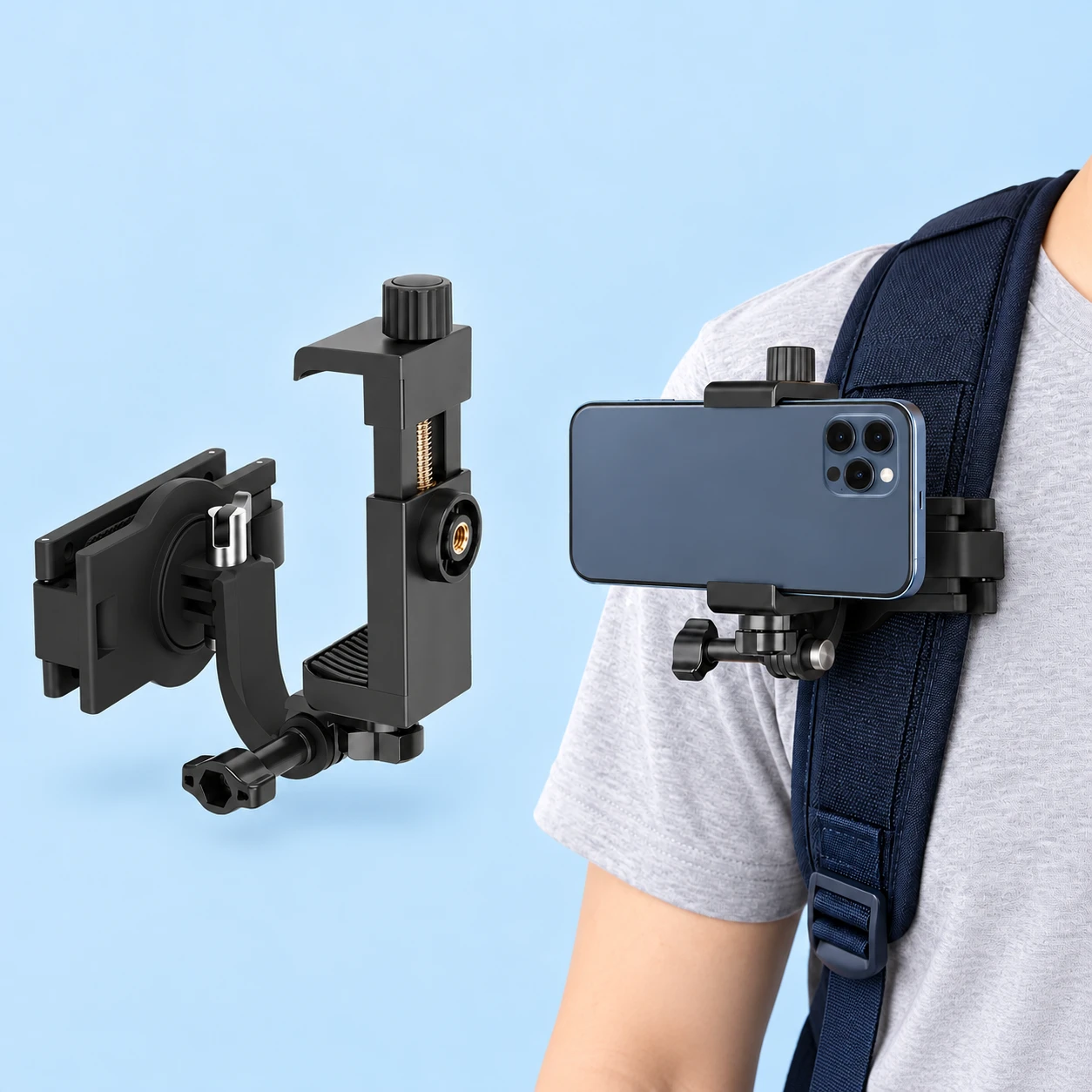 Black Latch-Clamp Backpack Phone Holder