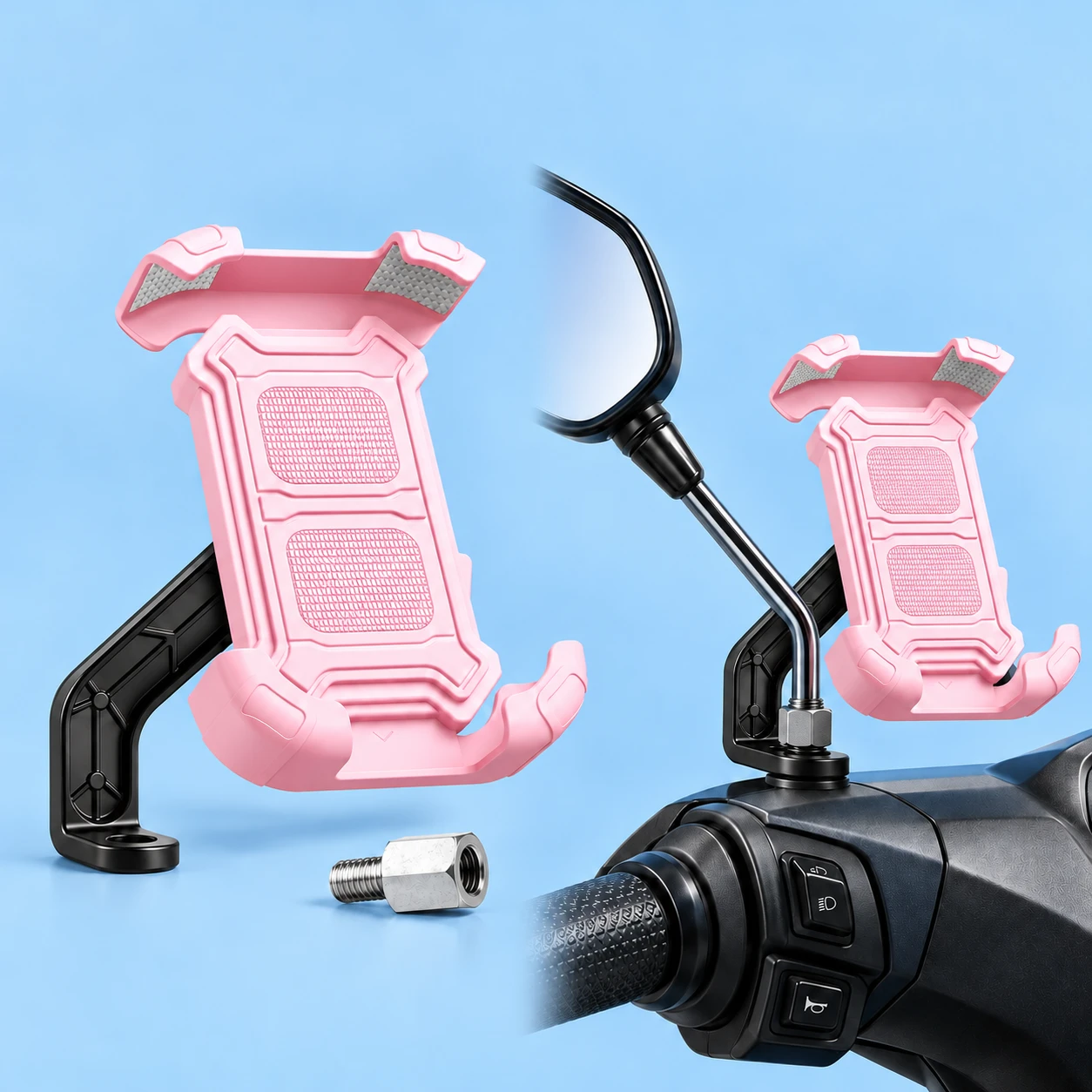 Pastel Pink Four-Corner Motorcycle Mirror Phone Mount