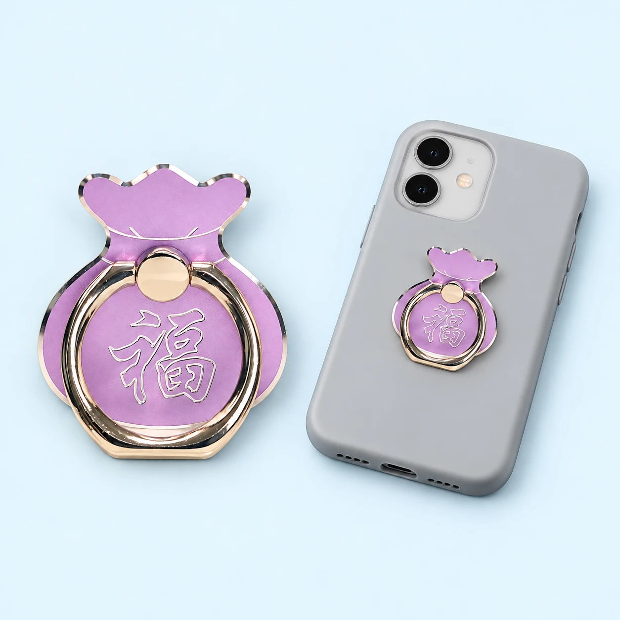 Lilac fortune-bag shaped phone ring holder with decorative 福 character and hinged ring, square composition
