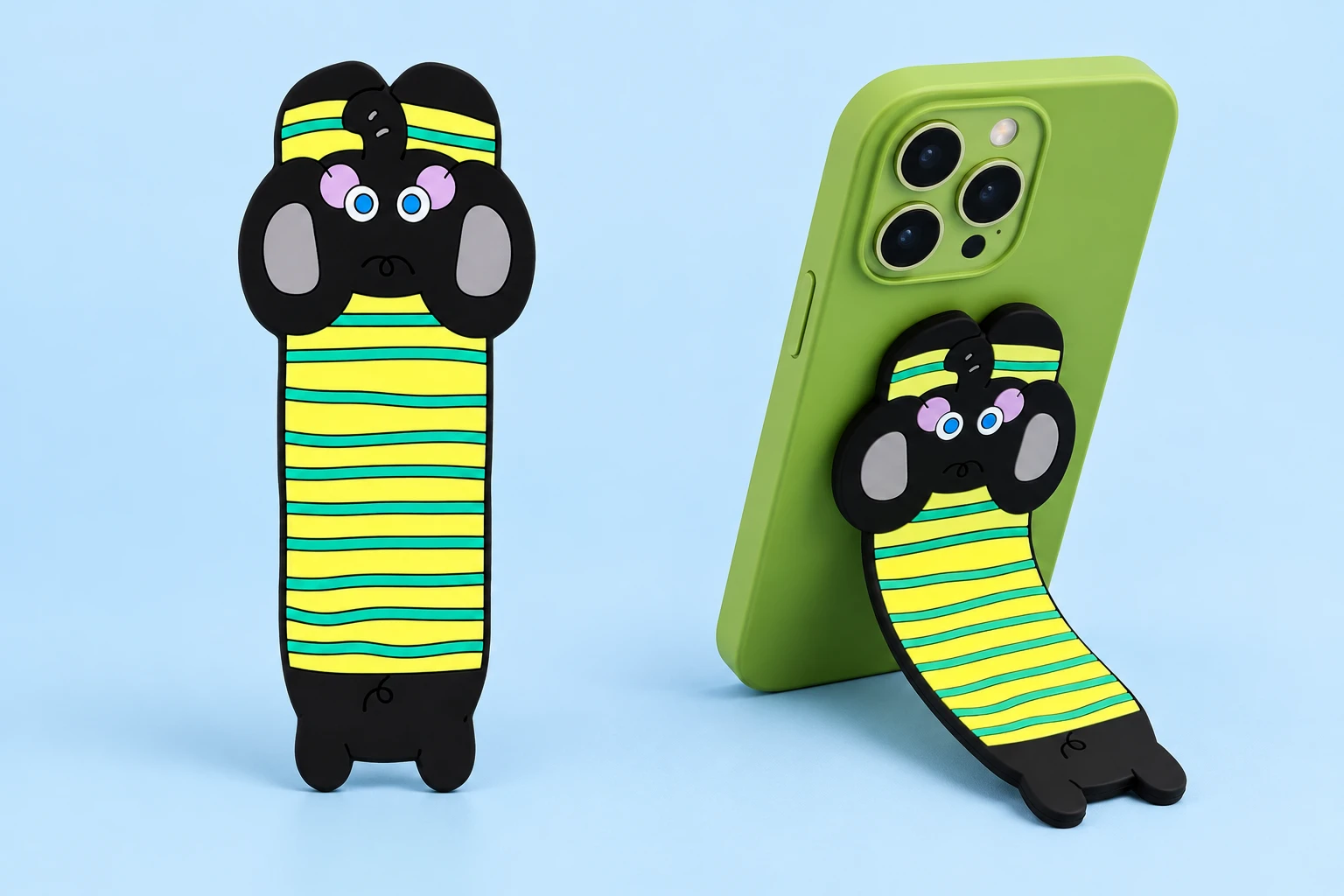 Green-striped black dog bendable phone kickstand shown flat and supporting a portrait phone