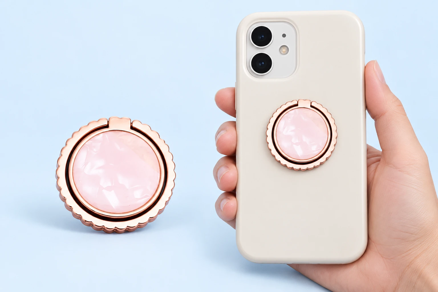 Rose-Gold Scalloped Pink Inlay Phone Ring Holder