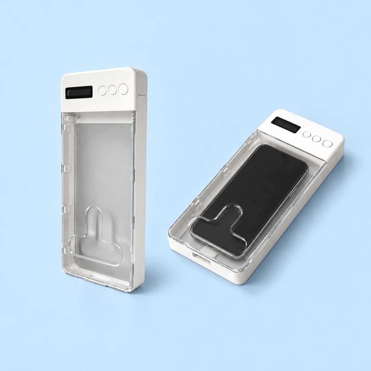 White Clear-Front T-Opening Phone Storage Sleeve; product and illustrative use on pale blue. Phone and scene props excluded., square composition