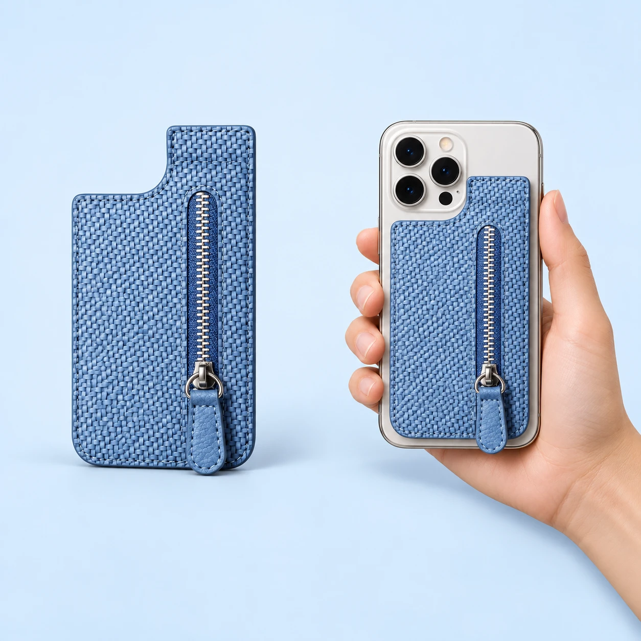 Blue woven-texture notched zip phone wallet shown complete on the left and attached flat to a hand-held phone on the right against a pale-blue background., square composition