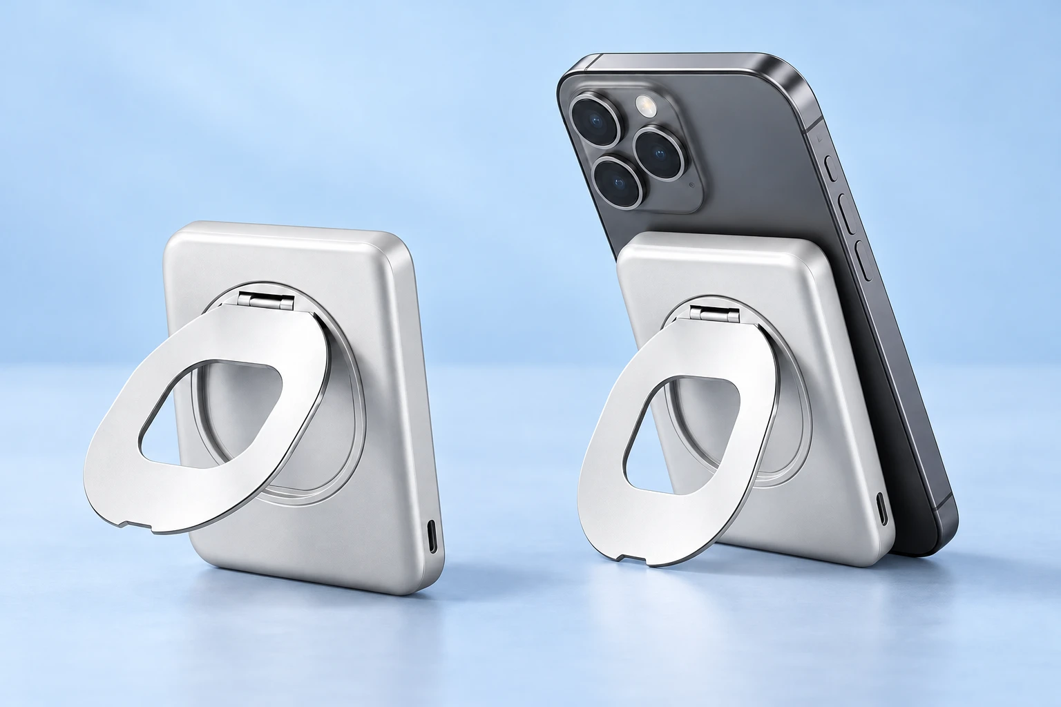 Silver Magnetic Power-Bank Phone Stand with Oval Folding Ring