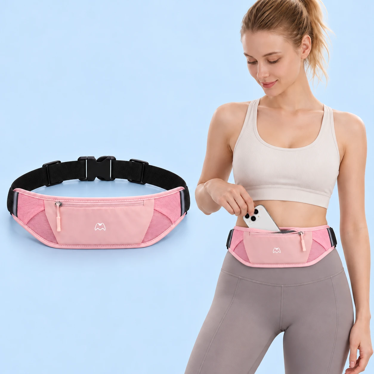 Cherry-pink waist belt with main zippered phone pouch, mesh side wings and original buckle, shown complete and in ordinary phone-storage use.